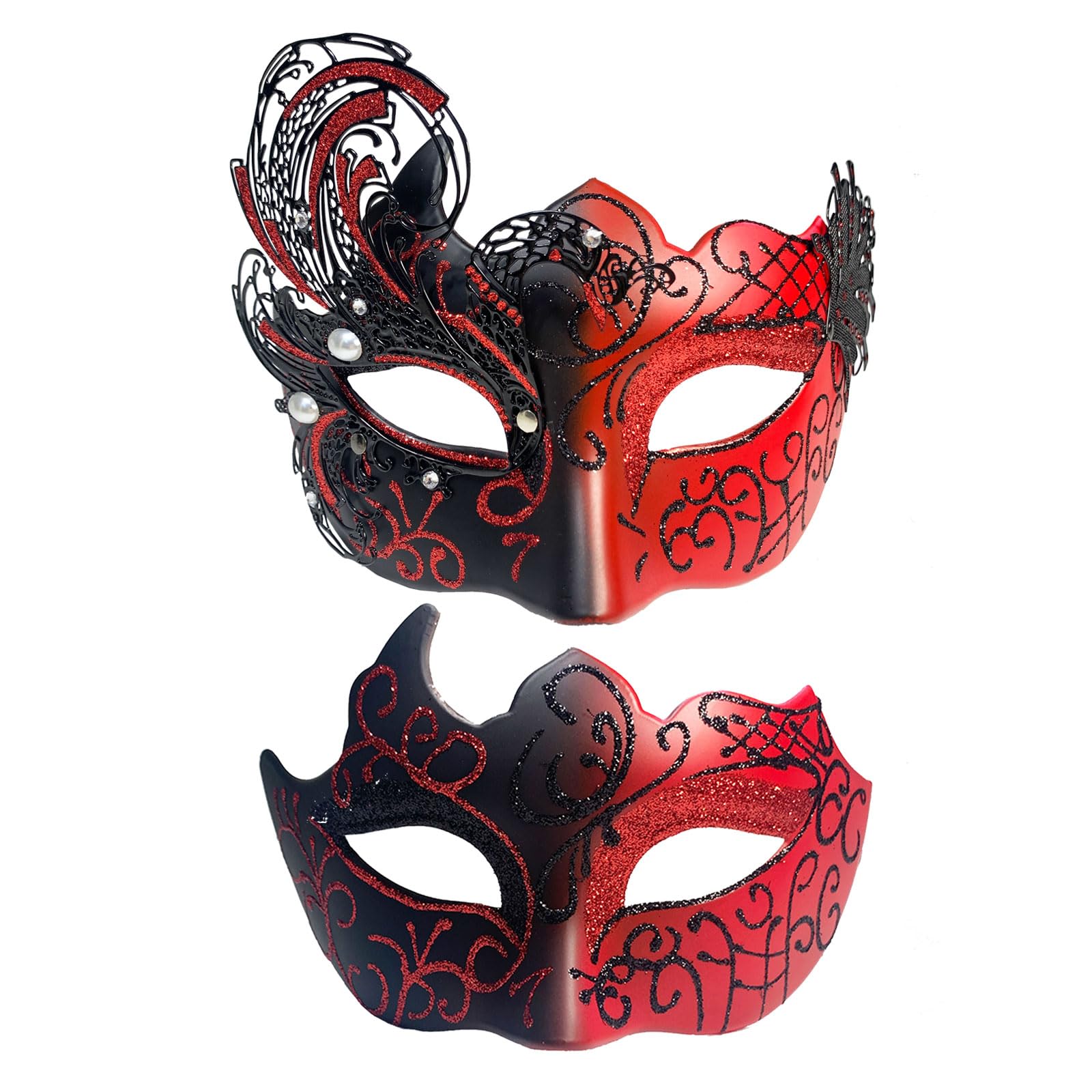 Photo 1 of Yimianshou Masquerade Couples Set - Mardi Gras Mask for Woman and Men, Venetian Masquerade Ball (Pearl Set-Red)