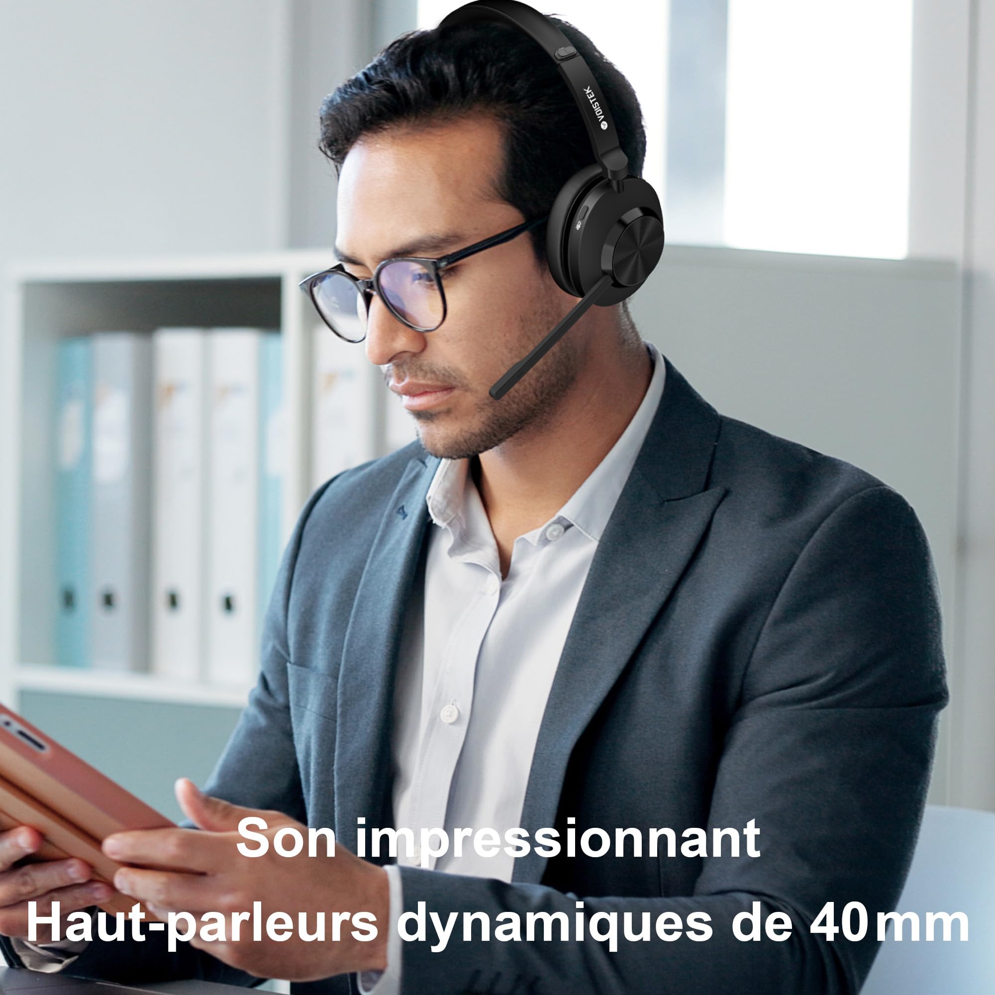 Voistek Casque Bluetooth Sans Fil avec Microphone pour PC/Ordinateur Portable, Léger on Ear, Microphone Réglable à Réduction de Bruit, Casque Audio Sans Fil pour Bureau, Télétravail, Chat, Zoom, Teams
