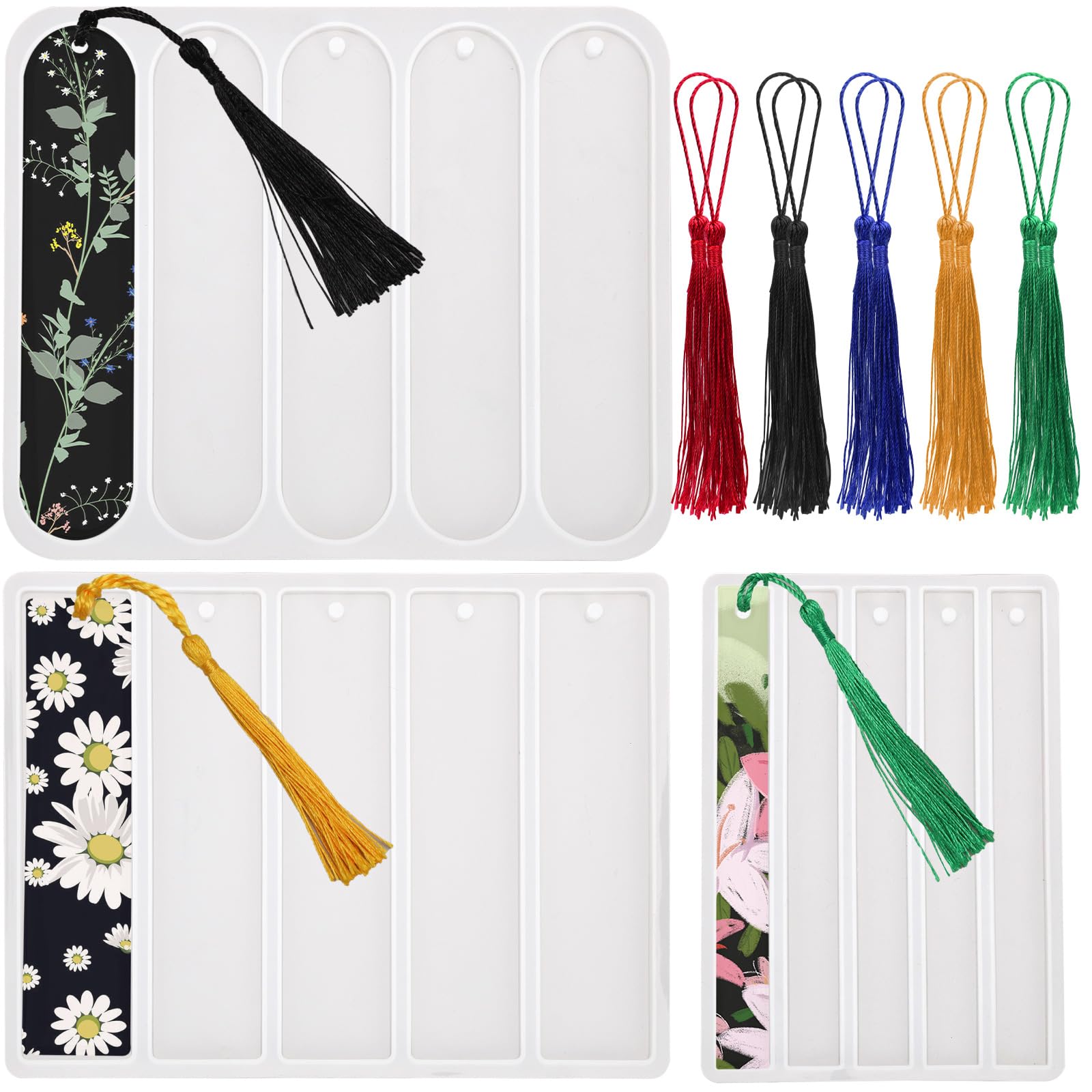 23 Moldes Marcapáginas Resina con Borlas, 3 Estilos Moldes Silicona Marcapáginas 5 Colores Borlas Decorativas Adornos Colgantes Molde Rectangular Marcapáginas para Fundición Resina Epoxi