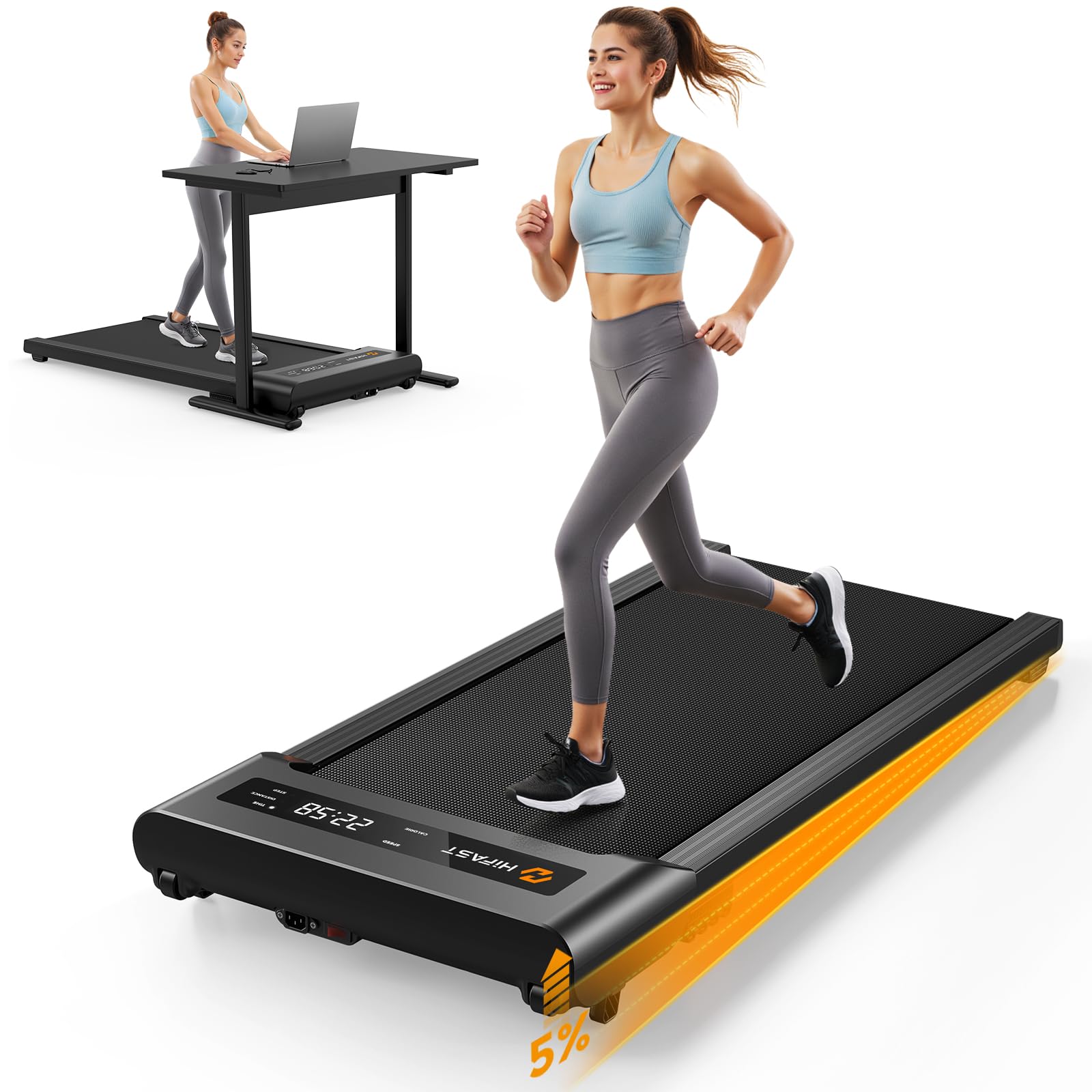 Photo 1 of Hifast Walking Pad Treadmill with Incline,Under Desk Treadmills for Home Office,300lbs Capacity Portable Small Walking Pad,2.5HP Quiet Running Pad with LED Display Remote Control