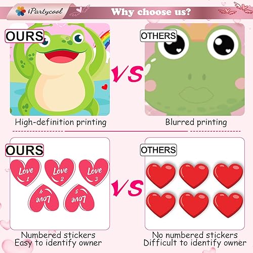 Miniatura 4 de iPartycool Juego del día de San Valentín, calcomanías de Pin The Heart en la rana, calcomanías reutilizables con diseño de rana, decoraciones de