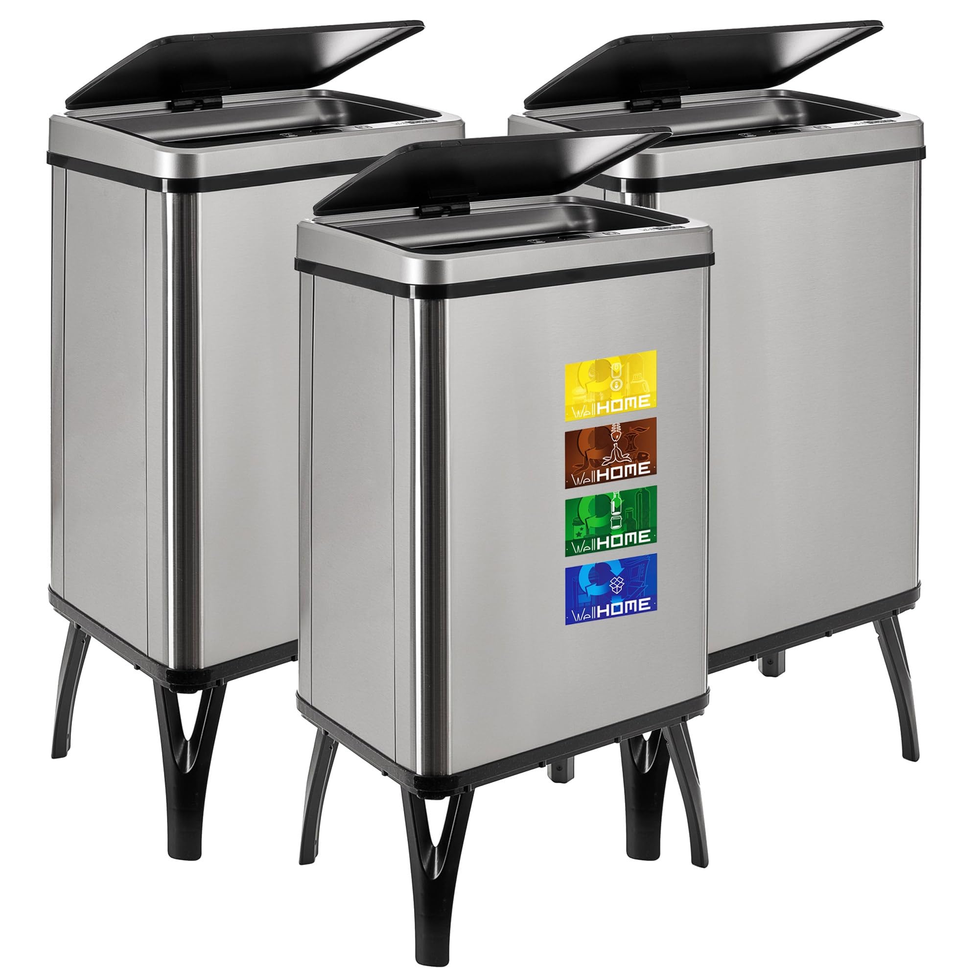 WELL HOME MOBILIARIO & DECORACIÓN 3 bidoni della spazzatura intelligente da 40 l, altezza: 71,5 (x35,5 x 26), grigio con etichette magnetiche