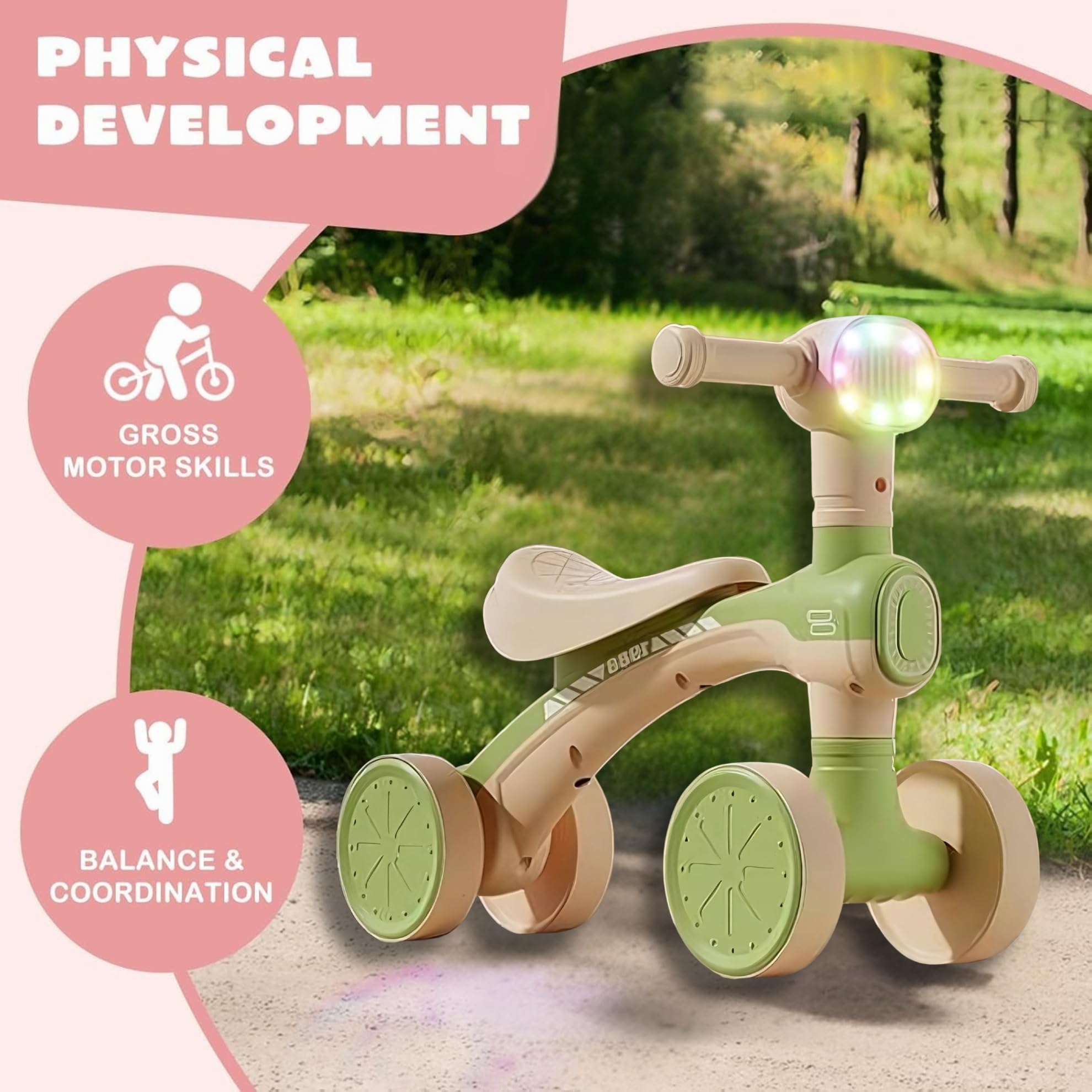 Colorful Lighting Baby Balance Bike for 2-6 Year Old Girl & Boy, 24-72 Month Toddler Balance Bike with 4 Wheels & Comartable Seat, First Birthday Gift (Green) - Image 4 thumbnail