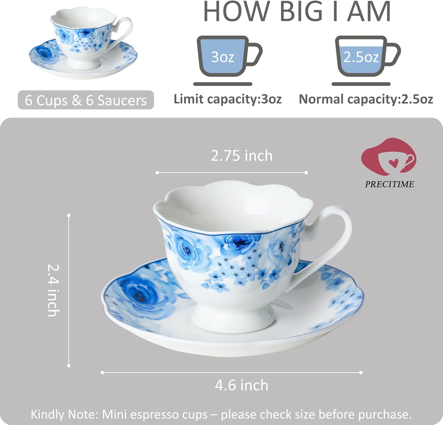 Porcelain Demitasse Espresso Cup and Saucer Set of 6 (12-Piece) - 2.5oz Cups with Classic Blue Floral Pattern, Dishwasher & Microwave Safe