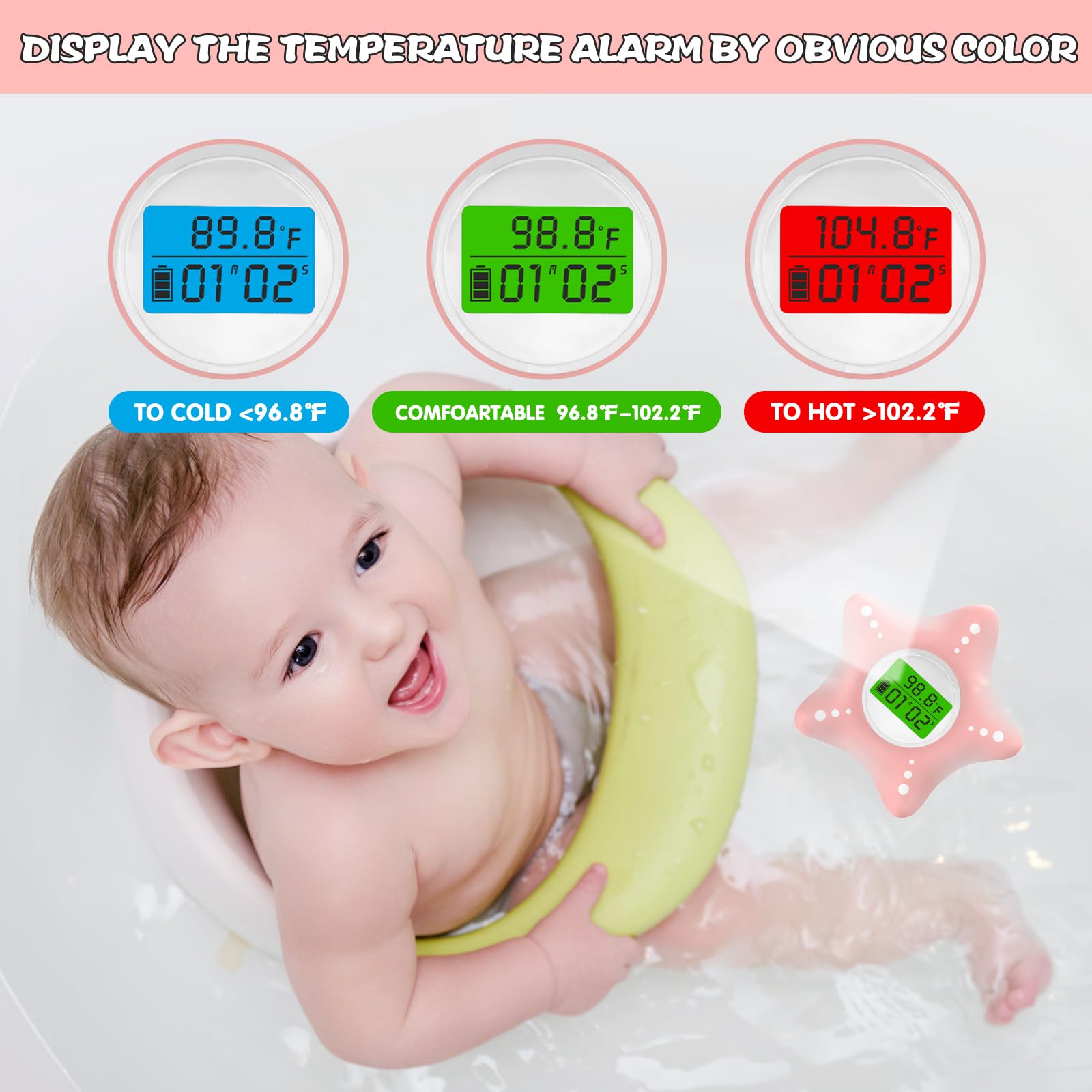 Sicherheits-Baby-Badethermometer mit verbessertem Chip, digitales Wasserthermometer für Baby-Badewanne, genaue Temperaturprüfung und Farbalarm, Umschaltung zwischen ℉ und ℃