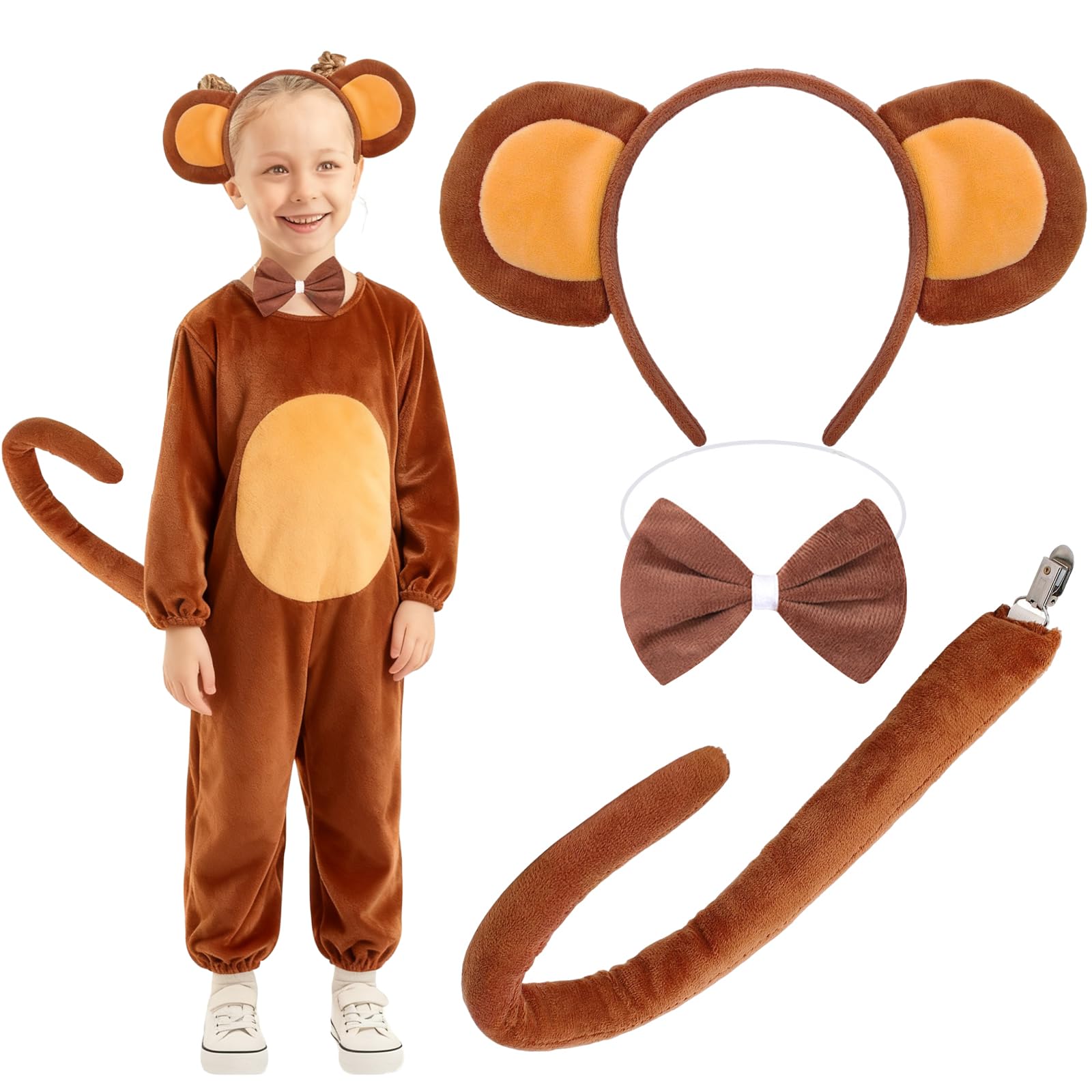 KAZGVN Monkey Costume Kids,World Book Day Costumes for Girls,3 Pcs Brown Animal Costumes with Monkey Ears and Tail and Tie,Carnival Costume for Dress Up Halloween Carnival Cosplay
