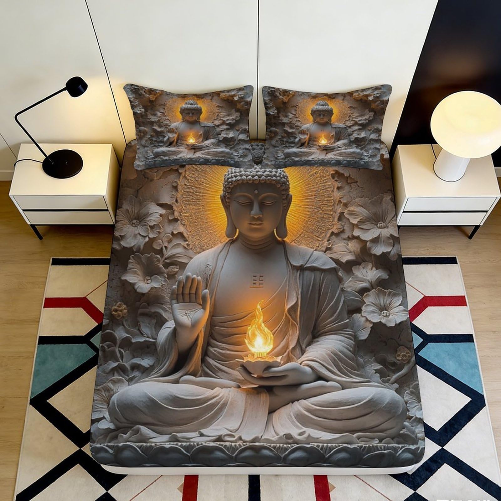 3D Printed Buddha Statue Fitted Sheet Microfiber Soft Grey Meditation Bed Cover for Bedroom Dorm Mattress Decor 90x200x25cm
