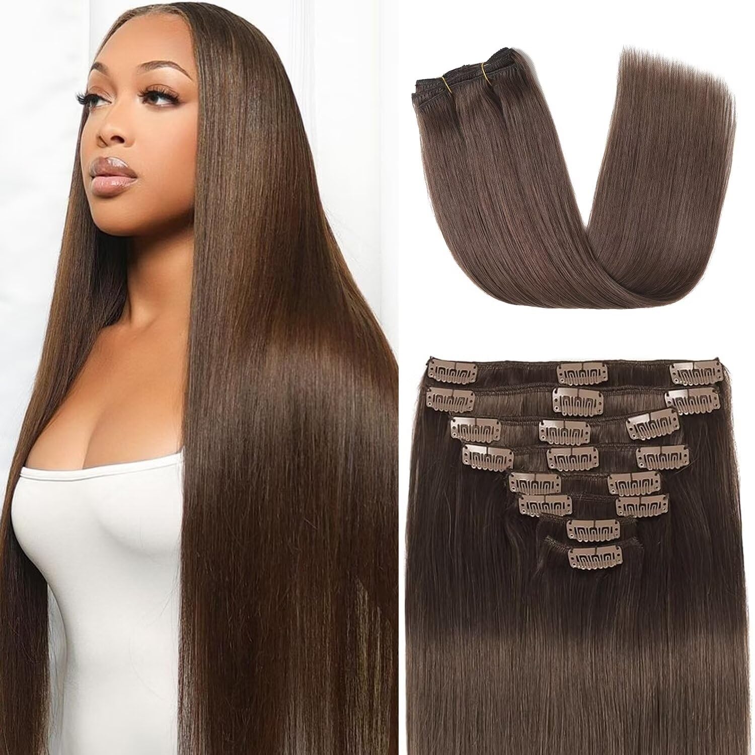 Clip in Hair Extensions Real Human Hair 3.6oz/100g Clip ins Brazilian Remy Human Hair Extension for Women 8pcs Per Set with 18 Clips Double Weft (16 Inch #4 Chocolate Brown)