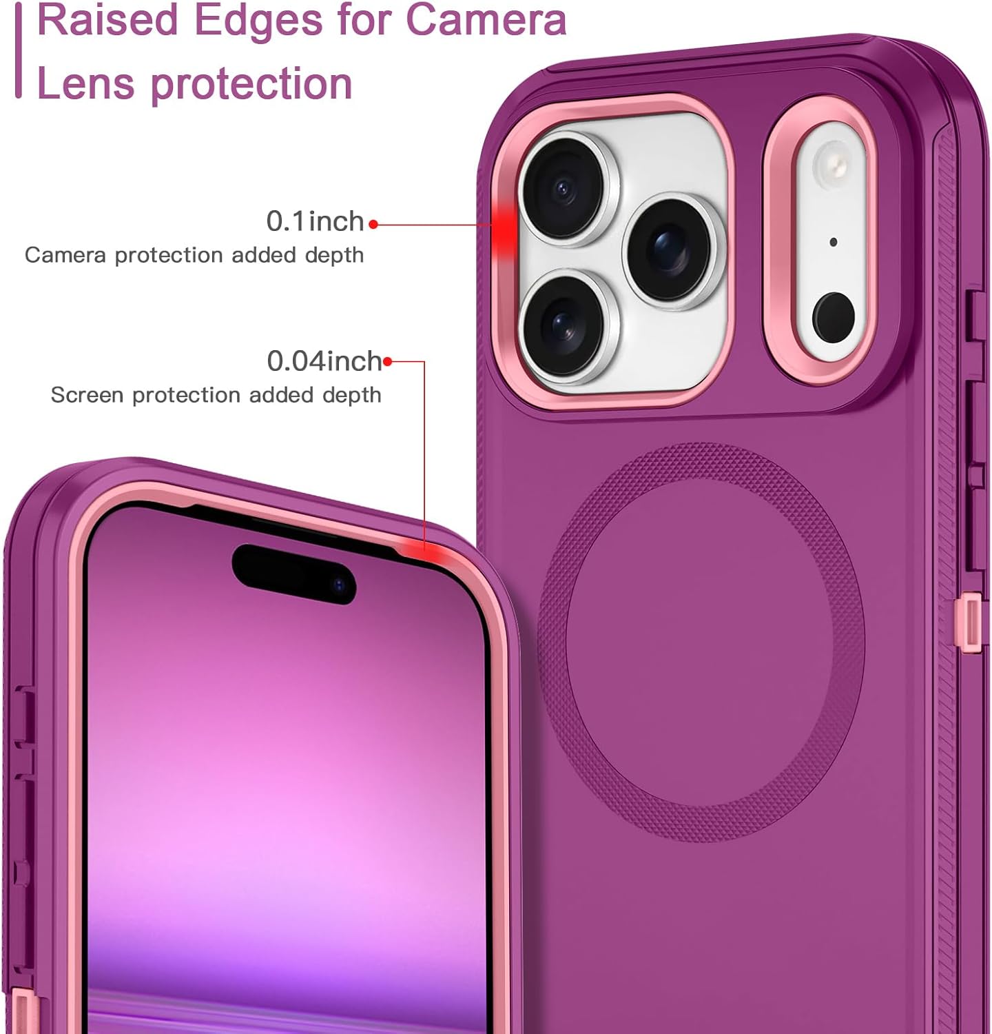I-HONVA for iPhone 17 Pro Max Case [Compatible with MagSafe] Shockproof 3-Layer Full Body Protection [Without Screen Protector] Rugged Heavy Duty Cover Case for Apple iPhone 17 Pro Max,Purple/Pink - Image 3