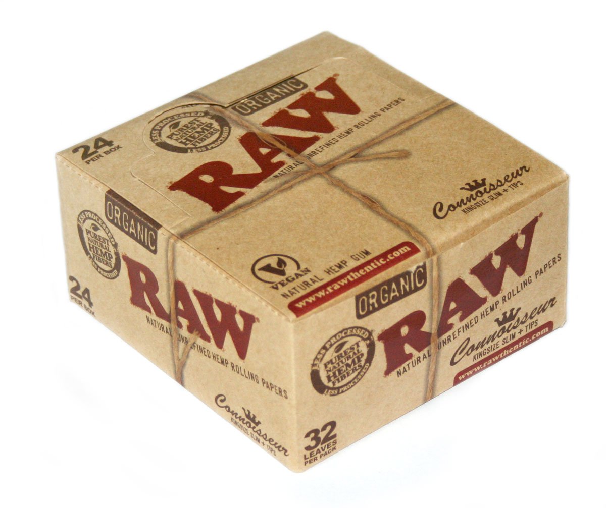 RAW Organic Hemp Connoisseur King Size Slim with Tips UnRefined Purest Natural Gum Rolling Paper - Pack of 24