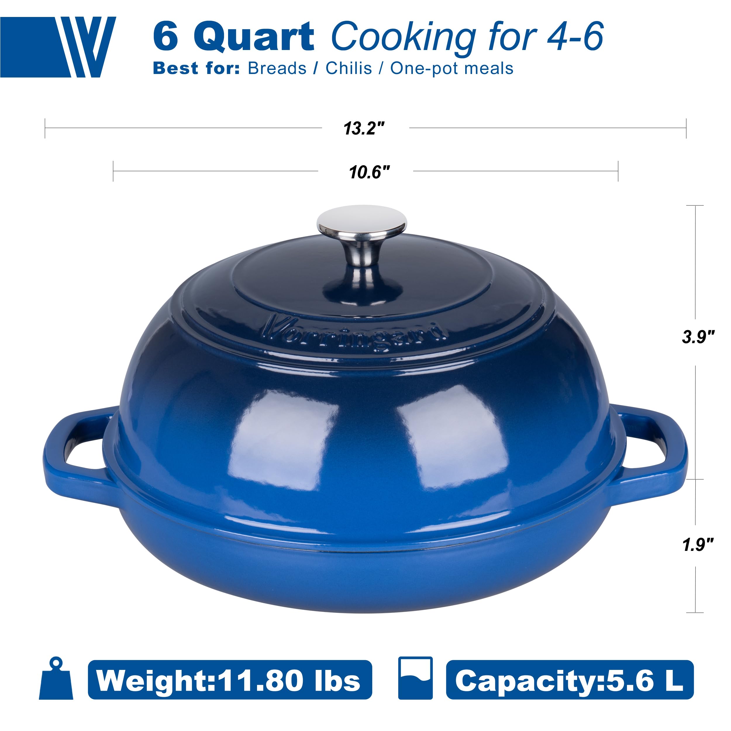 VORRINGARD Olla holandesa de hierro fundido con tapa para hornear pan, incluye suministros para hornear pan de masa madre como cesta de prueba de pan Banneton, horno de pan de 6 cuartos de galón, azul