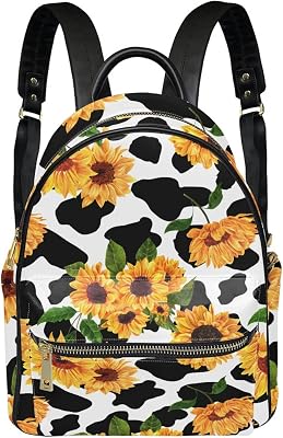 Viewamoon Backpack for Women Sunflower Cow Pattern Pack with Zipper Stylish Water-resistant Lightweight Purse with Animal Fur Pattern Flower Print Leather Bags with Shoulder Strap