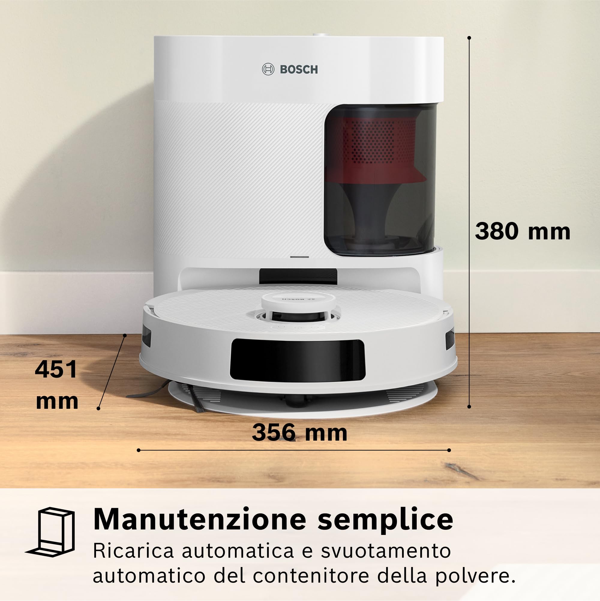 Bosch Spotless+Robot Aspirapolvere e Lavapavimenti,Potenza 11.000Pa,Panno Lavapavimenti Statico,Stazione di ricarica con autosvuotamento,Navigazione Infrarossi Smart Vision,AppBosch HomeConnect,Bianco