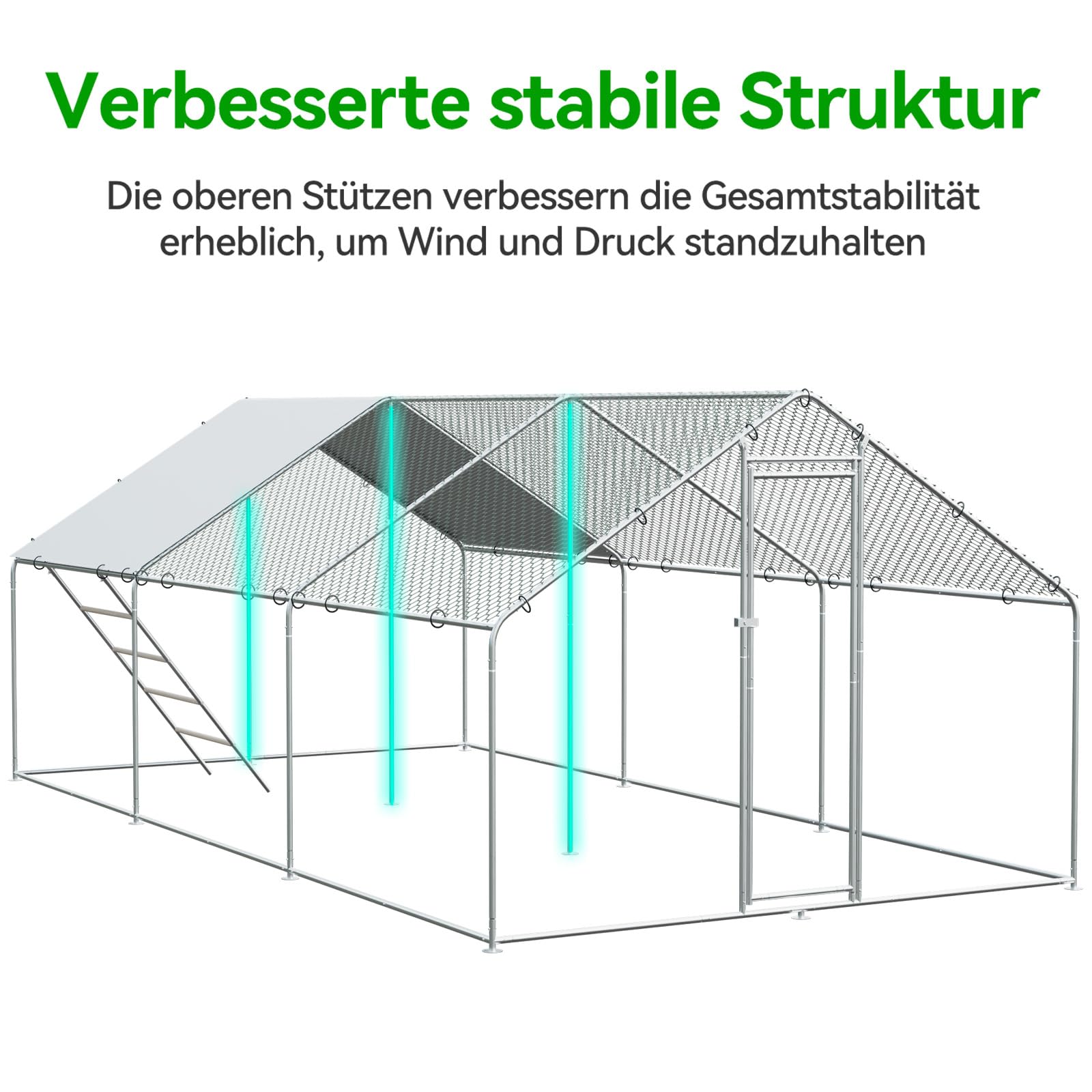 Hühnerstall mit Leiter, 3 x 4 x 2 Meter, Verzinkter Stahl, Freilaufgehege Tiergehege für Hühner Hasen, Kleintiergehege mit Obere Stützstange, Sonnenschutzdach und Tür für Hühner Ente Kleintiere