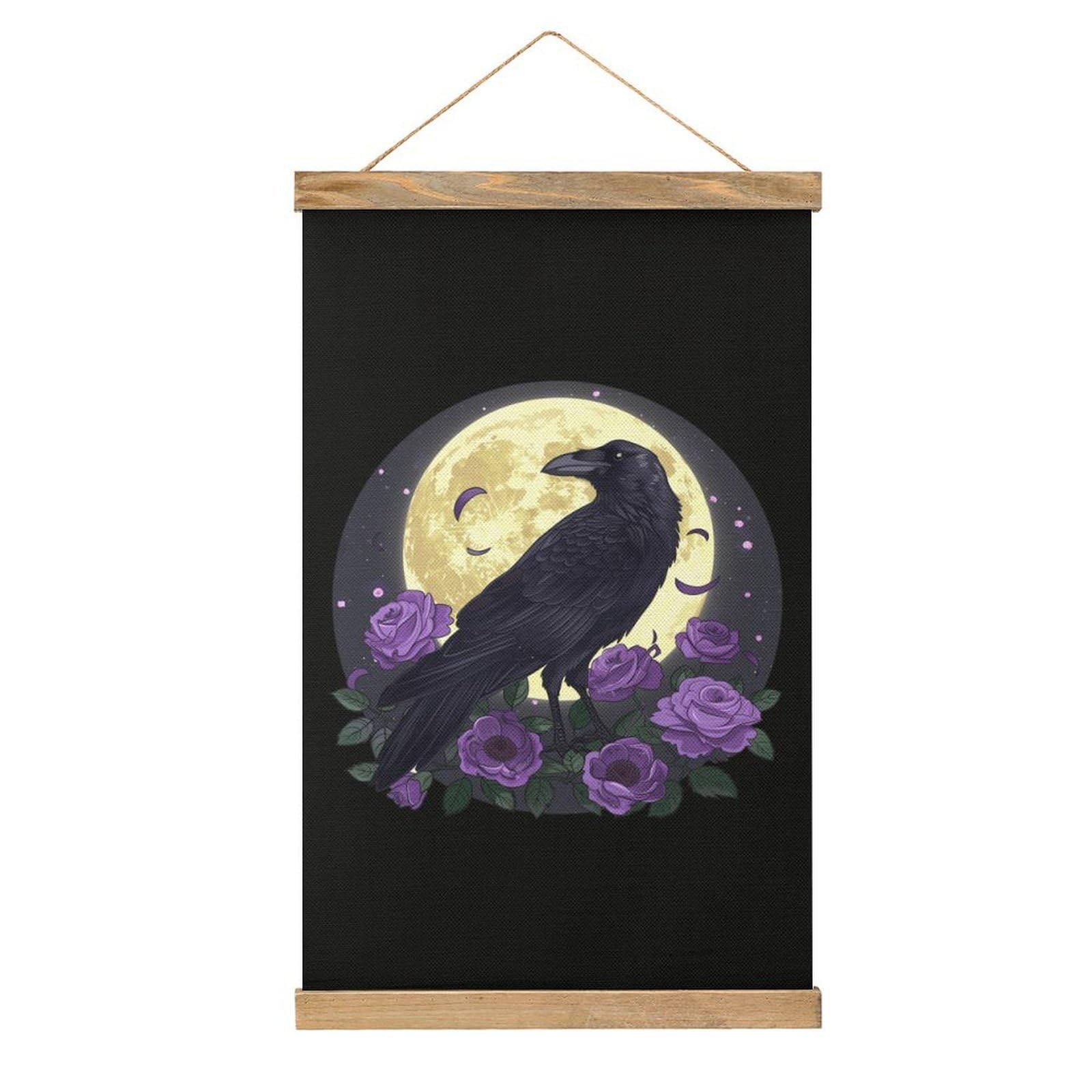 CGSBNGHA Full Moon Gothic Witchy-Crow-Roses Mystical Wall Art Prints Linen Hanging Painting Scroll Paintings Pictures Decor for Home