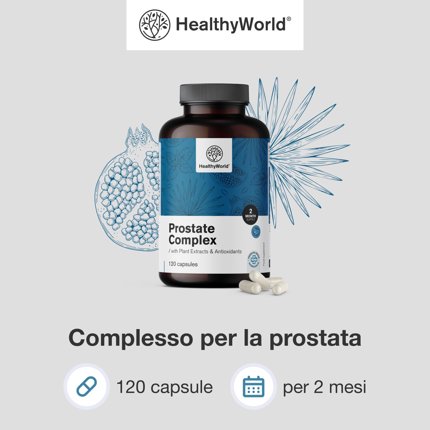 HealthyWorld® Complesso Per la Prostata - Per uomini - 120 Capsule Vegetali - Con Semi di Zucca, Melograno, Ortica, Saw Palmetto, Vitamina E, Zinco e Selenio - Supporto alla prostata