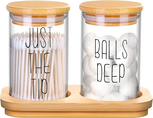Divertido dispensador Qtip - Paquete de 2 tarros de cristal para boticario con bandeja de bambú juego de baño con tapas de bambú para bola de