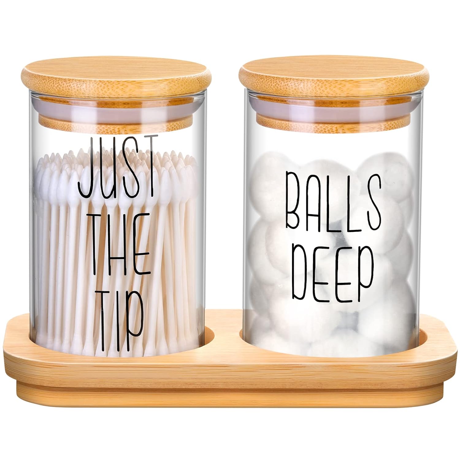 Funny Qtip Holder Dispenser 2 Pack Glass Apothecary Jars Canisters with Tray Cotton Ball Qtip Holder Bathroom Set