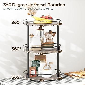 YATINEY 3-Tier Lazy Susan Organizer, Rotating Spice Rack, Spinning Organizer, Industrial Turntable Spice Rack Organizer for Cabinet, Kitchen Countertop, Greige and Black SR23BG