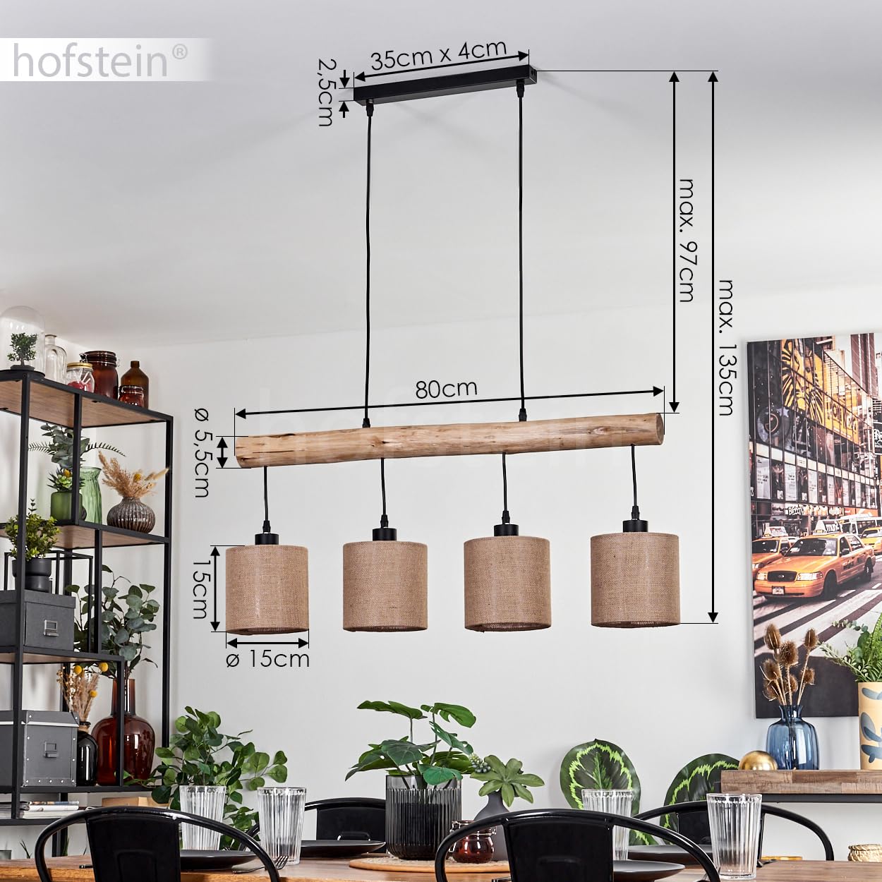HOFSTEIN Pendelleuchte Soungou, moderne Hängelampe aus Holz/Metall/Leinen in Natur/Schwarz/Beige, 4-flammige Hängeleuchte im skandinavischen Design, Höhe max. 135 cm, 4 x E27, Esszimmer, Wohnzimmer