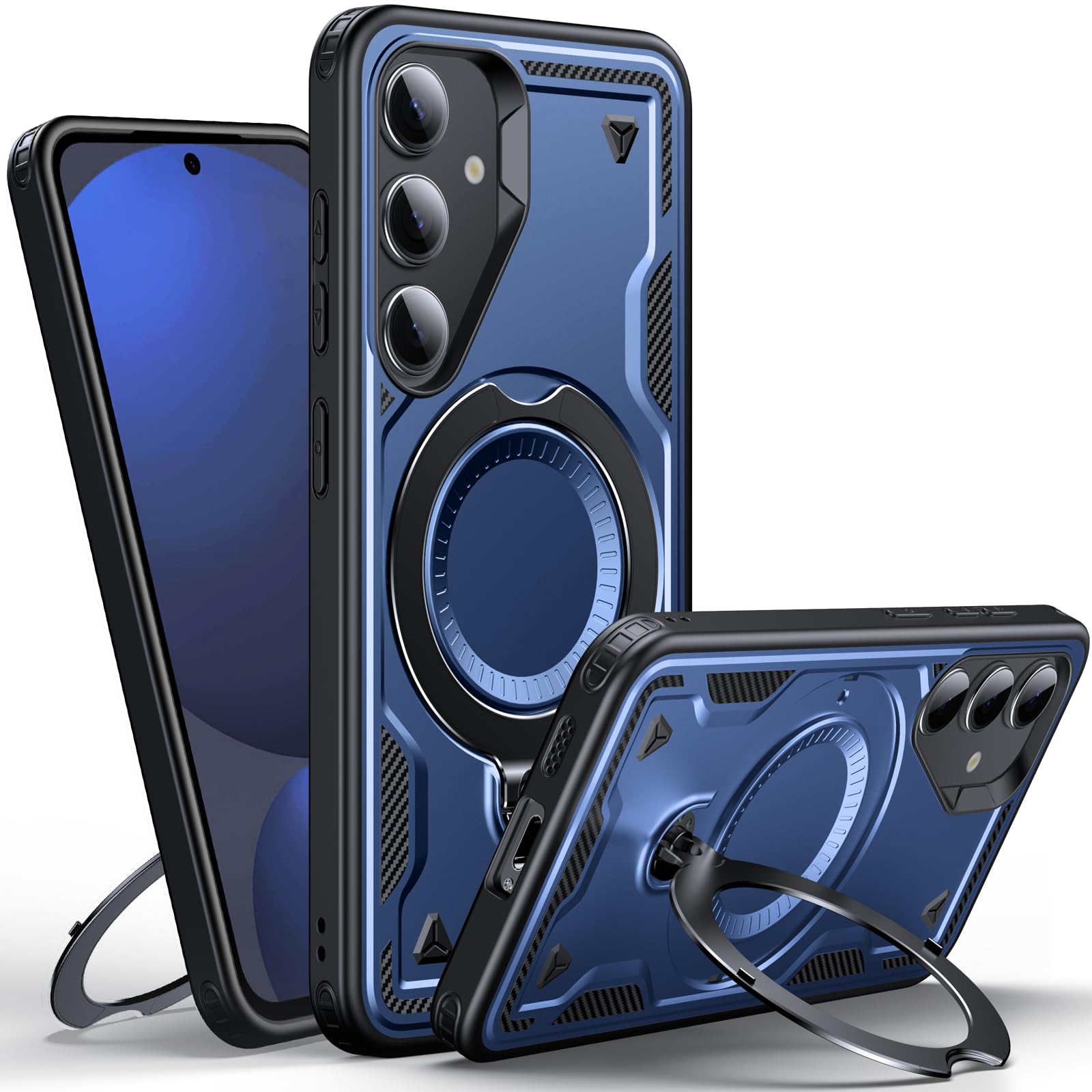 WYUIC für Samsung Galaxy S24 FE Hülle mit Rotiertem Ring-Ständer, Militärnorm Schutzhülle Stoßfest Kratzfeste 10 Fuß Drop-Test Panzer Schutz Rückseite Mehrschichtiger Schutz Handyhülle, Blau