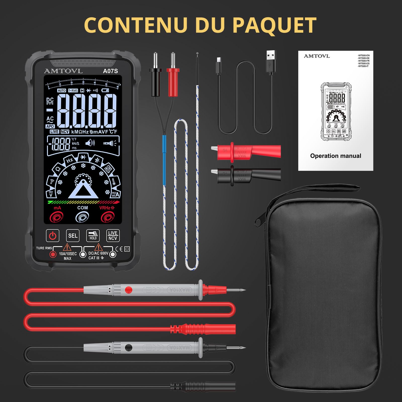 AMTOVL Multimètre Numérique 6000 Comptes Écran Couleur Multimetre Mode Manuel Auto Testeur Electrique Rechargeable TRMS pour Mesurer la Tension Courant Capacité Testeur NCV Température