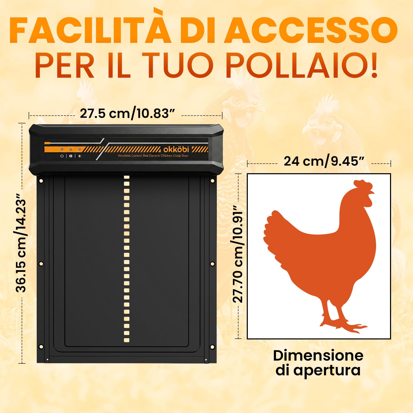Chicken Coop Door Wireless Display LCD, Timer e Sensore di Luce | Porta Automatica per Pollaio Solare con Centralina, Resistente ai Predatori, 27,5 36,15 CM, Impermeabile - Nero