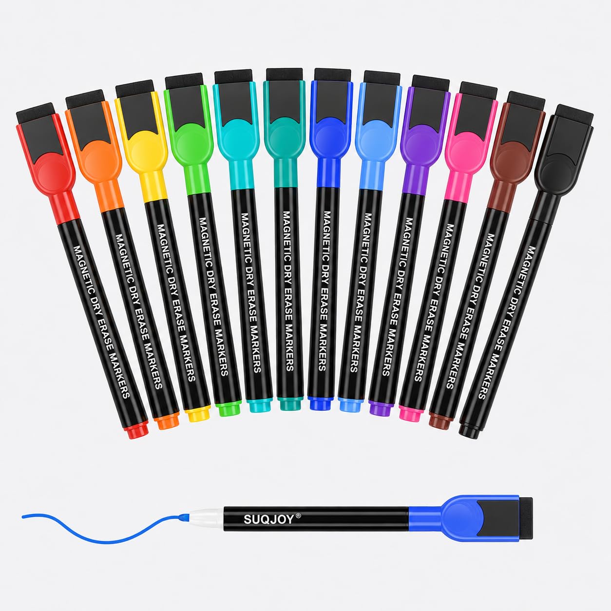 SUQJOY 12 Fine Tip Magnetic Whiteboard Pens with Textured Eraser Caps, Low-Odour Quick-Dry Ink, 12 Assorted Colours for Fridge Calendars, Office and Home