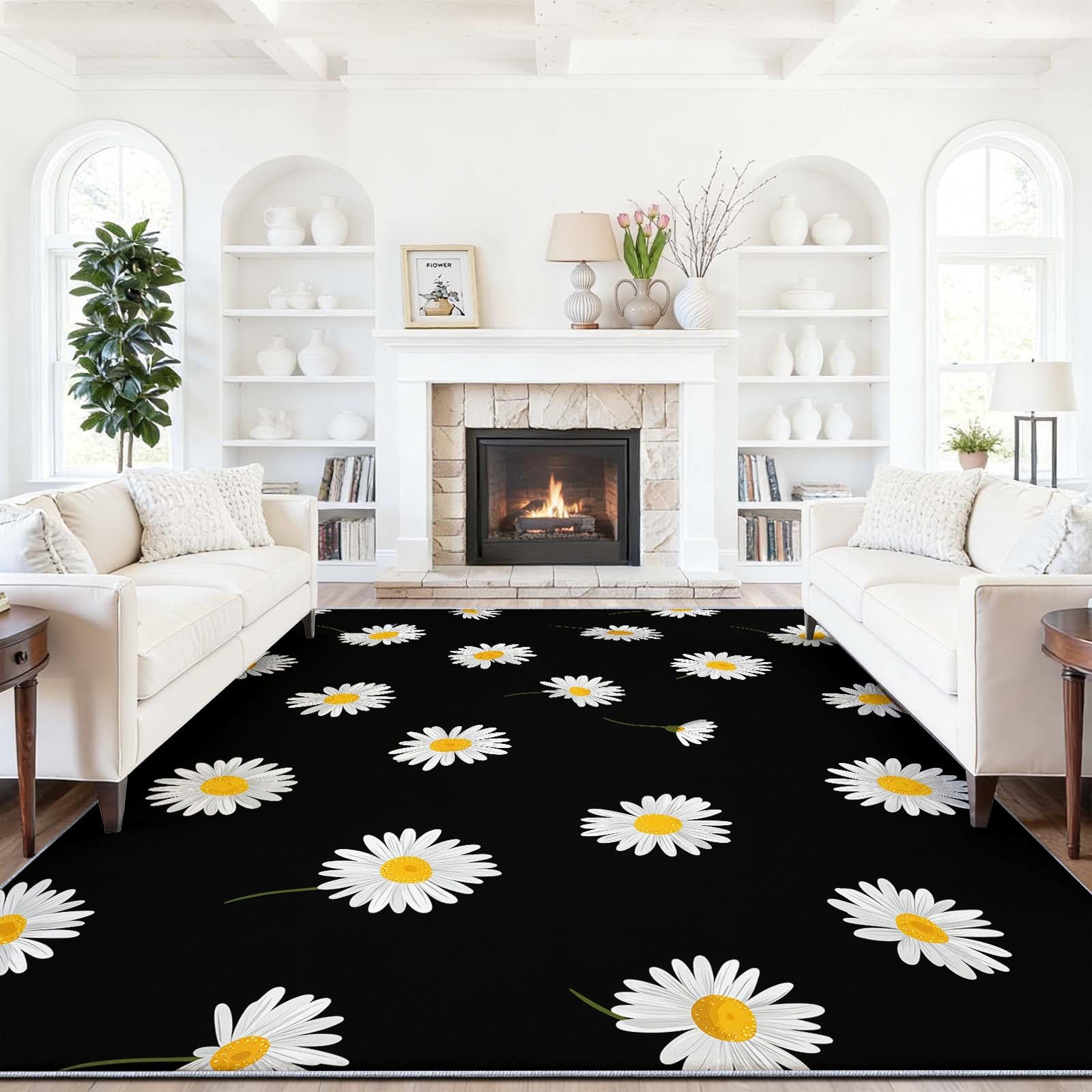 Dywan można prać w pralce, przy wejściu, 160 x 230 cm, dywan w stylu nordyckim, stokrotka, dywan botaniczny, czarny, biały, niski runo, nie gubi włosia, do wizualnego kontrastu, uporządkowany dywan w