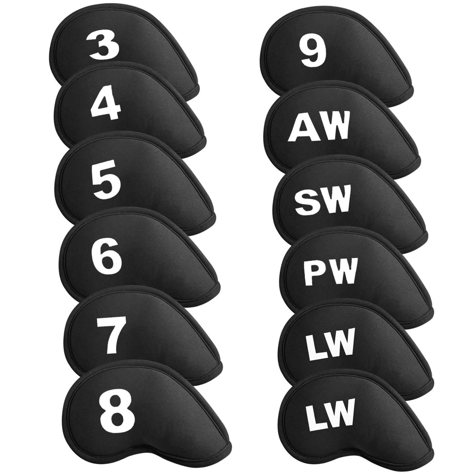 Golf Iron Headcovers Hook and Loop Fastener Closure Printed Numbers Value 12 Pack,Golf Iron Head Covers Soft Durable Protector Lightweight for Men Women (Black)