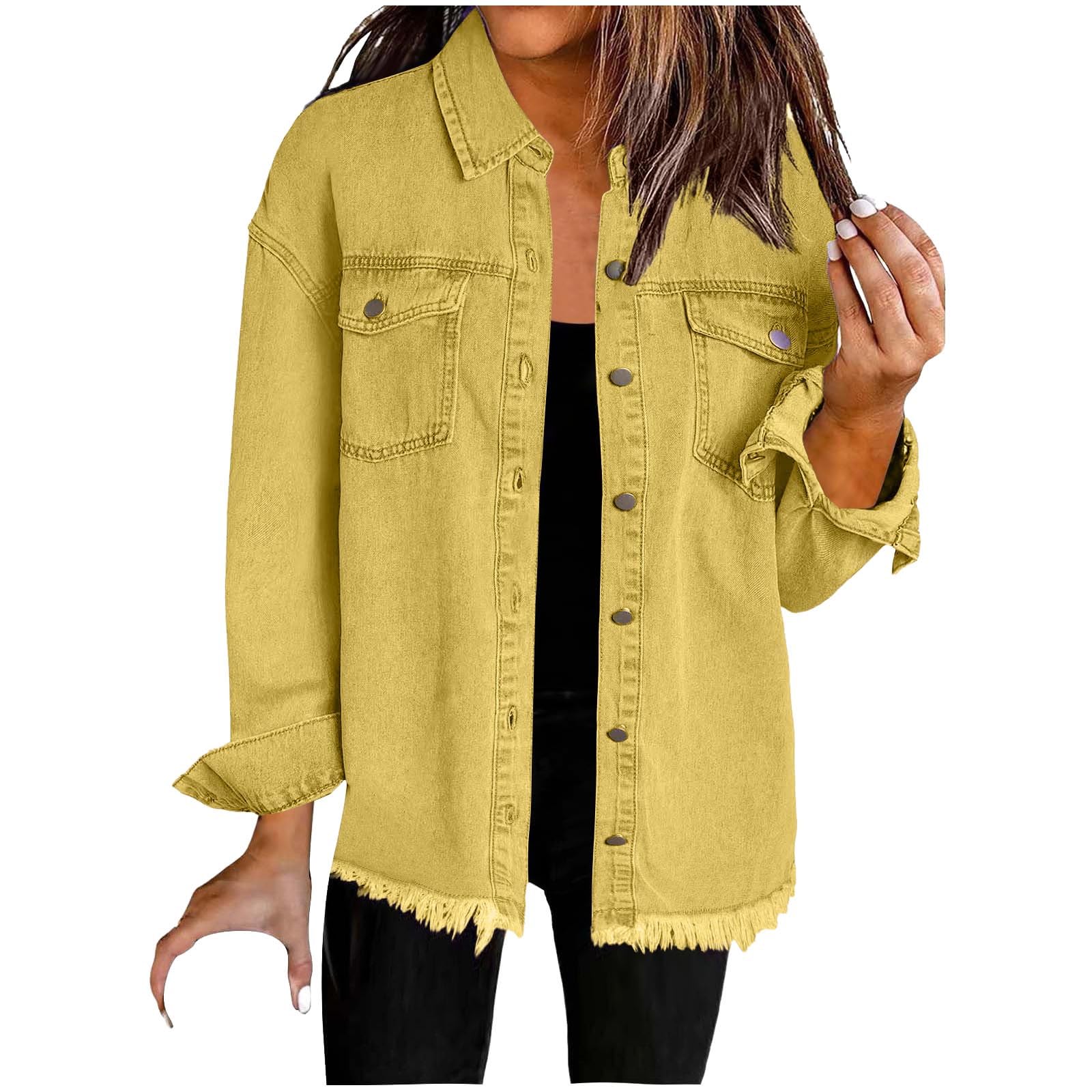 Denim Jacket for Women,Solid Color Lapel Long Sleeved Jeans Denimed Button Up Shirt Tops,Ladies Autumn Winter Street Style Fashion Coats Outdoor Casual Loose Retro Jackets with Pockets Outwear S-XXL