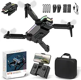 Mini Pro Drone com Câmera 4K, Controle Remoto, 60 Minutos de Autonomia, Controle Remoto, 100m de Alcance Profissional Drone Fpv, 2 Baterias 3.7V 1800mAh, Ângulo Ultra Grande 110° (XT8)