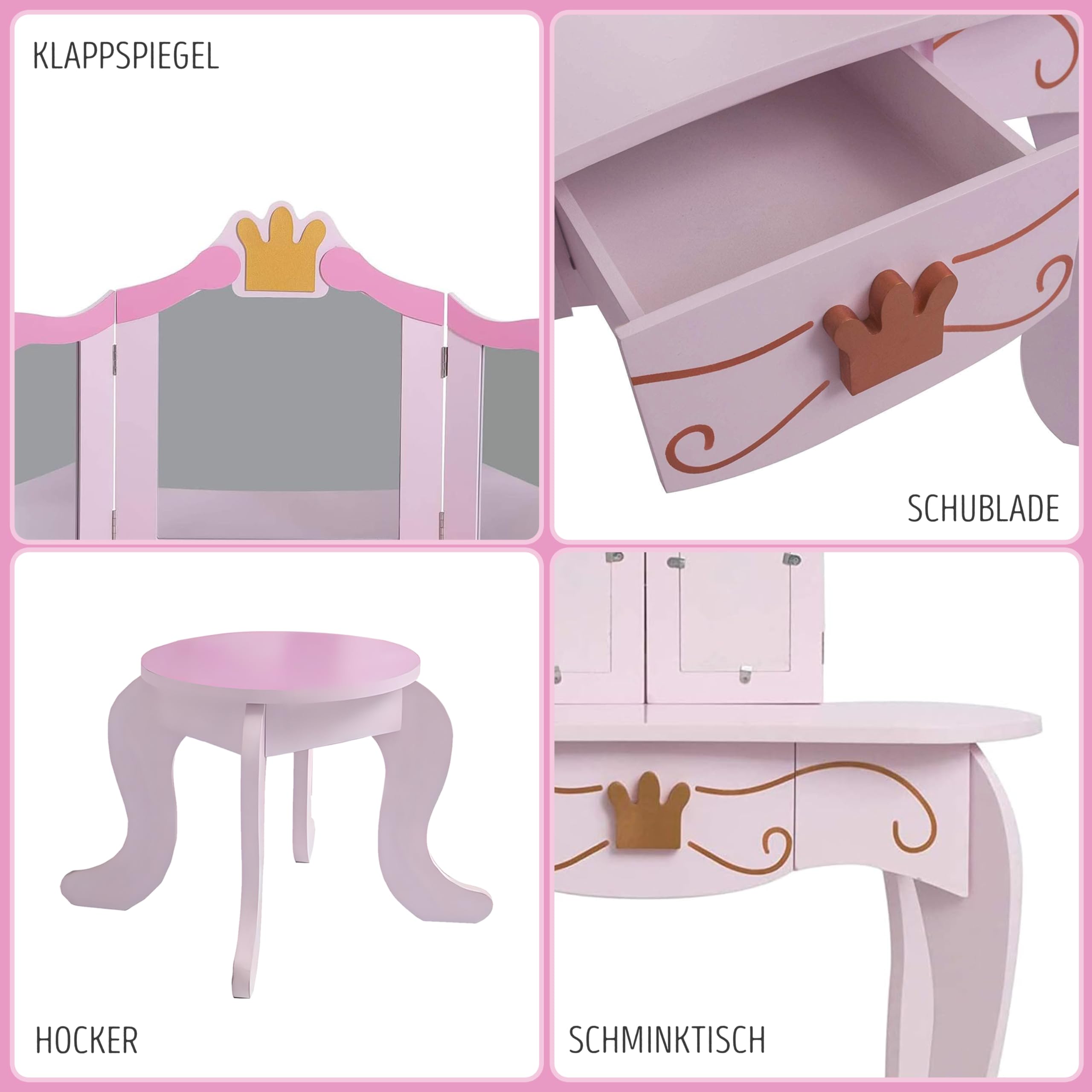 habeig Kinderschminktisch Schminktisch Kosmetiktisch Kindertisch Prinzessin Mädchen für Kinder Frisiertisch rosa #333