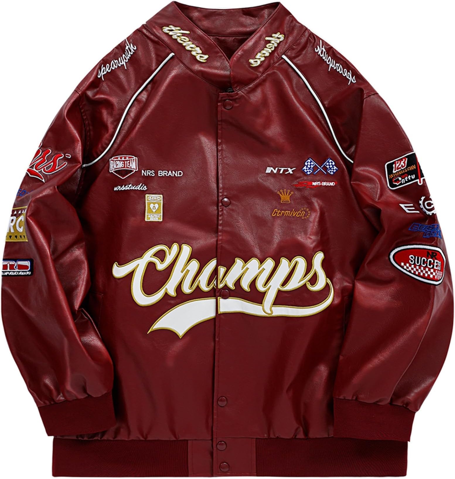 Mens Faux Leather Varsity Jacket Vintage Racing Leather Jackets Oversized Unisex Streetwear Jacket