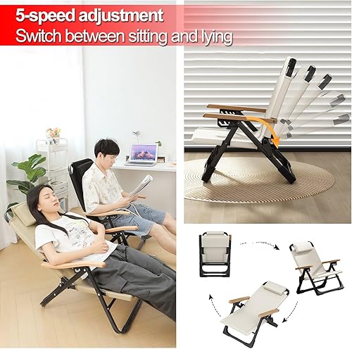 Miniatura 4 de Portable Chairs for Adults, Beach Chair with Reclining Positions, Cup Holder & Headrest, Oxford Folding Chairs for Pool, Patio, Yard(Black,Beech