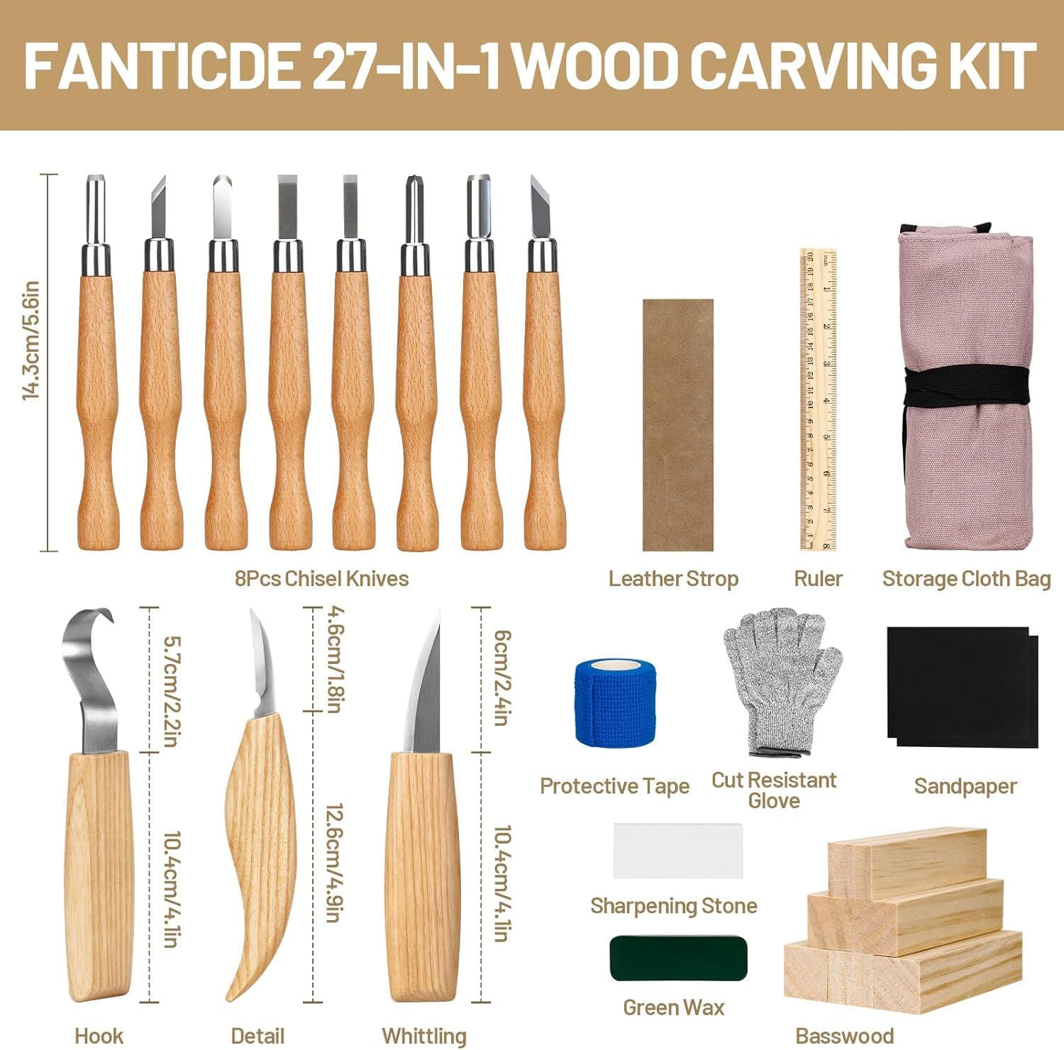 25PCS Set d'outils de sculpture sur bois,Ensemble d'outils de sculpture avec Gants Résistants aux Coupures, Manche et Pierre à Aiguiser, Pour les Débutants et les Professionnels
