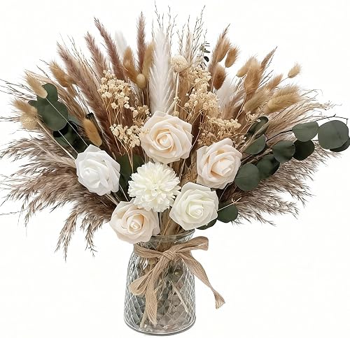 Indoor Artificial Dried Flowers with Vase for Table Top Decor | Natural Dried Pampas Grass Bouquet Faux Flowers in Vase for Wedding,Home,Kitchen,Rustic Decoration (Natural Champagne)