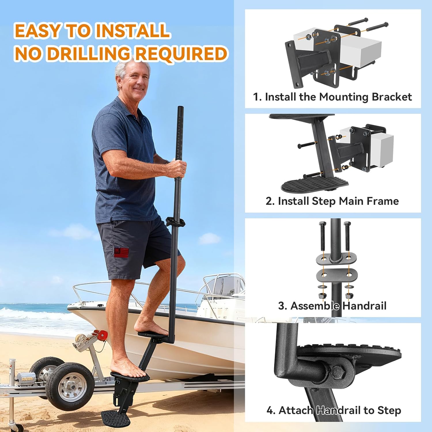 Heavy Duty Boat Trailer Steps with Safety Handle, Non-Slip Mat, Universal Fit for Boat Trailers Tongue Steps, Easy Assembly, 3 Steps