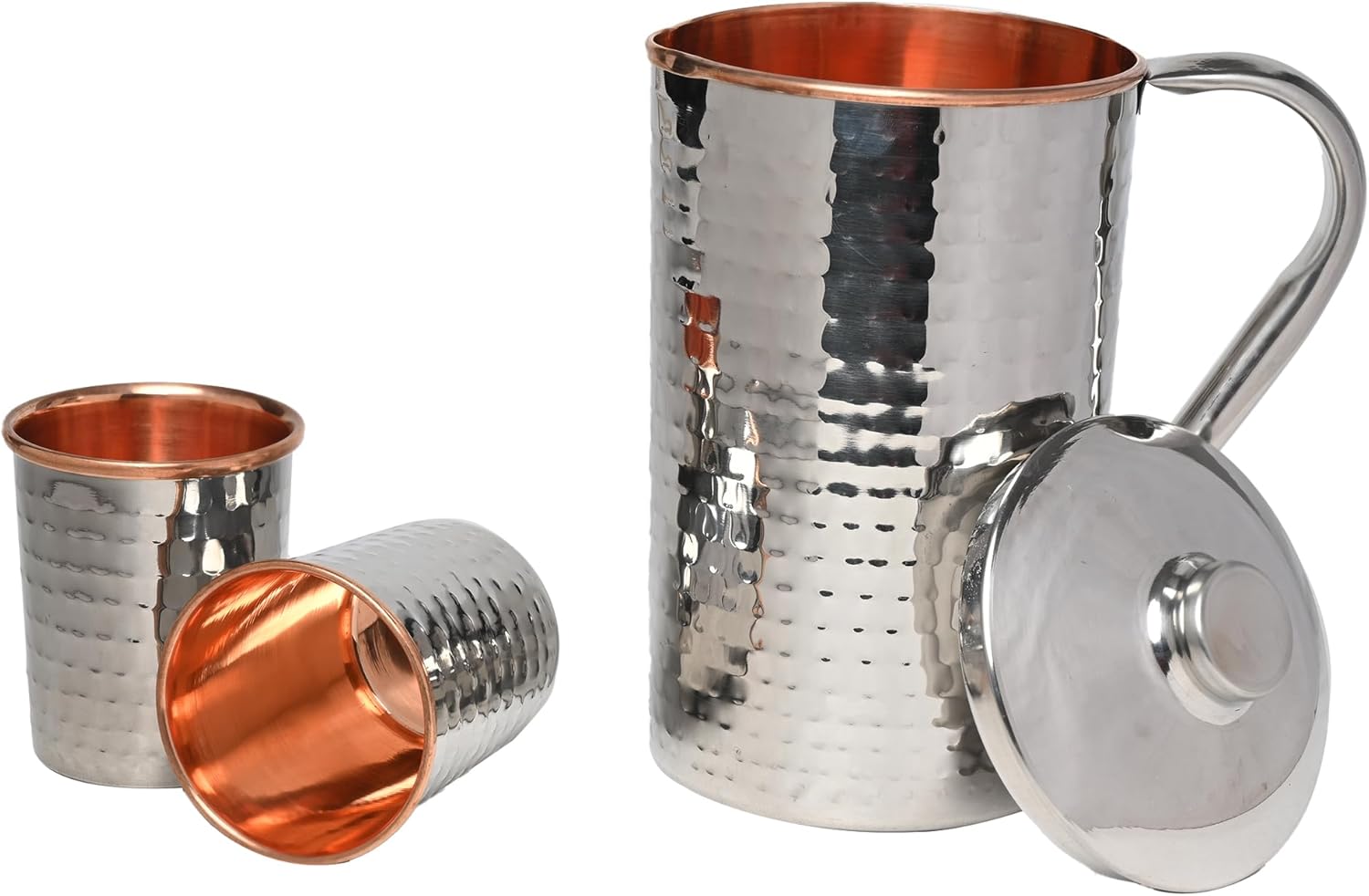 Stainless Steel and Pure Copper Water Pitcher with 2 Matching Tumblers for Ayurveda Health Benefits (57.48 fl. Oz.) (Hammered Pattern) - Image 3