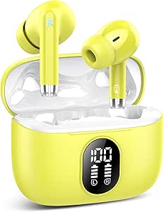 QXQ New Bluetooth Headphones, Bluetooth 5.4 Hi-Fi Stereo Earphones with 4 Enc Mic, 40 Hours Mini Bluetooth Headphones Noise Cancelling Wireless Headphones, Wireless Headphones for Android/iOS, Pure Yellow