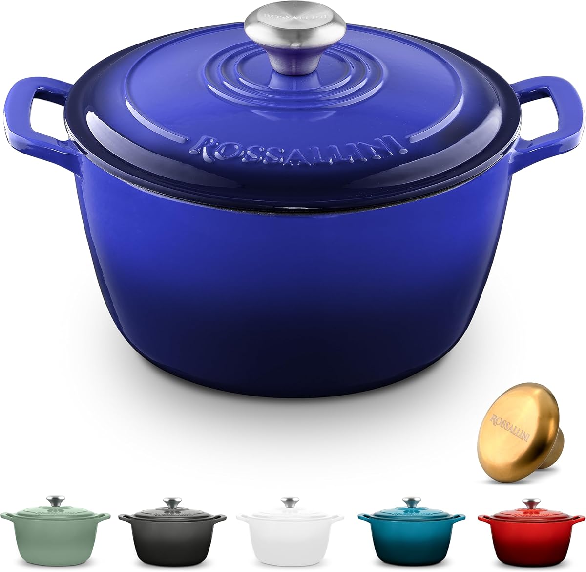 ROSSALLINI Signature Enameled Cast Iron Dutch Oven, Non-Stick Serving Pot with Tight Fitting Lid for Perfect Roasting, Baking, Sauteing, and Bread Making | 5.5Q (5.2L) - Indigo Blue