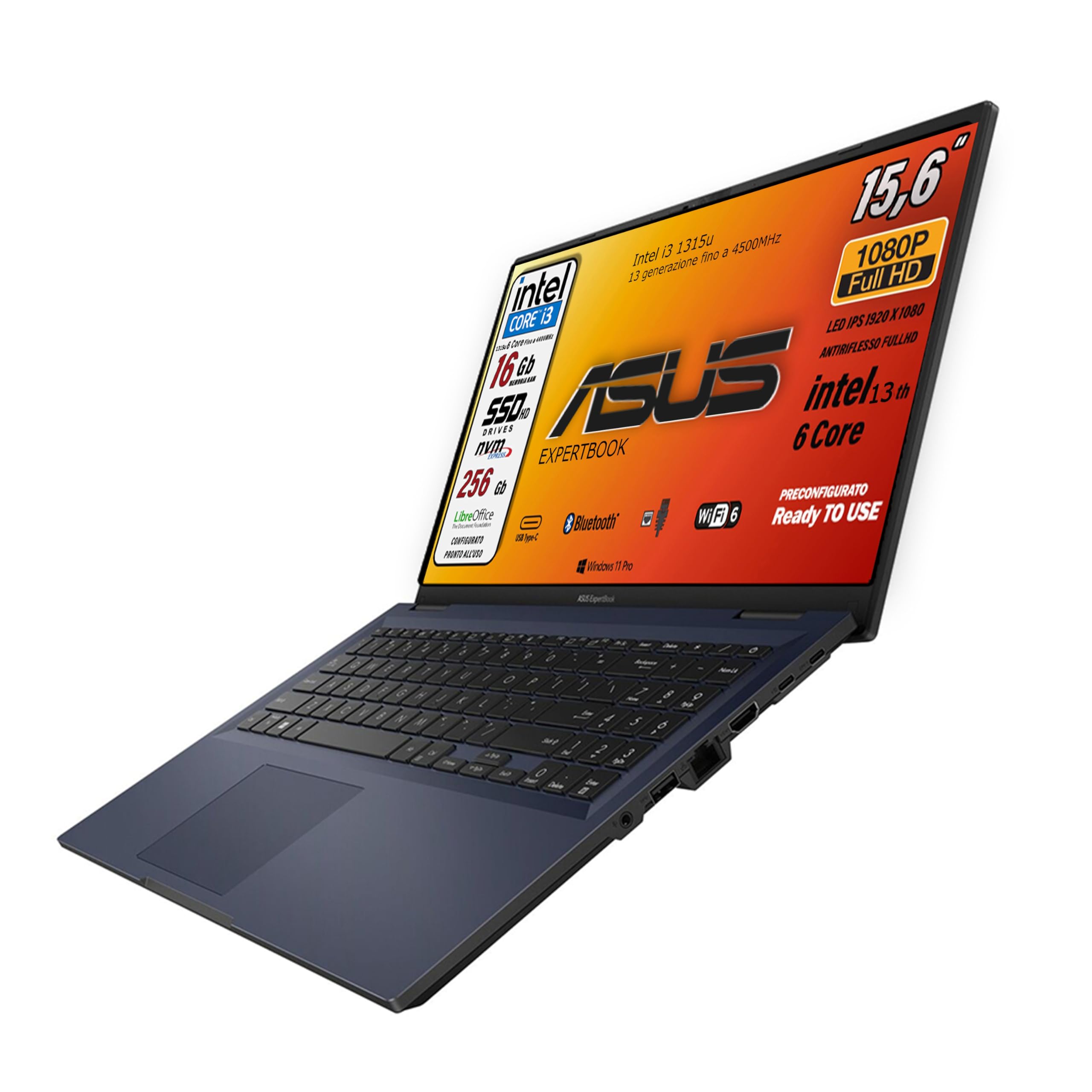 ASUS notebook, pc portatile, Cpu Intel i3 di 13Th 6Core, Ram 16 Gb, SSD Pci Nvme da 256 Gb, 15,6 FHD, wi-fi 6, 4 Usb, Bt, Intel UHD, Win 11 Pro, Libre Office, pronto All'uso Gar. Italiana