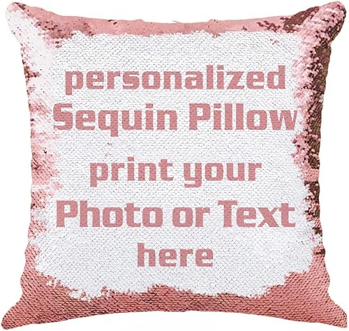 Funda de almohada de lentejuelas con foto y texto, imagen oculta, regalo personalizado único para amigos, familia, mascotas, lentejuelas rosadas