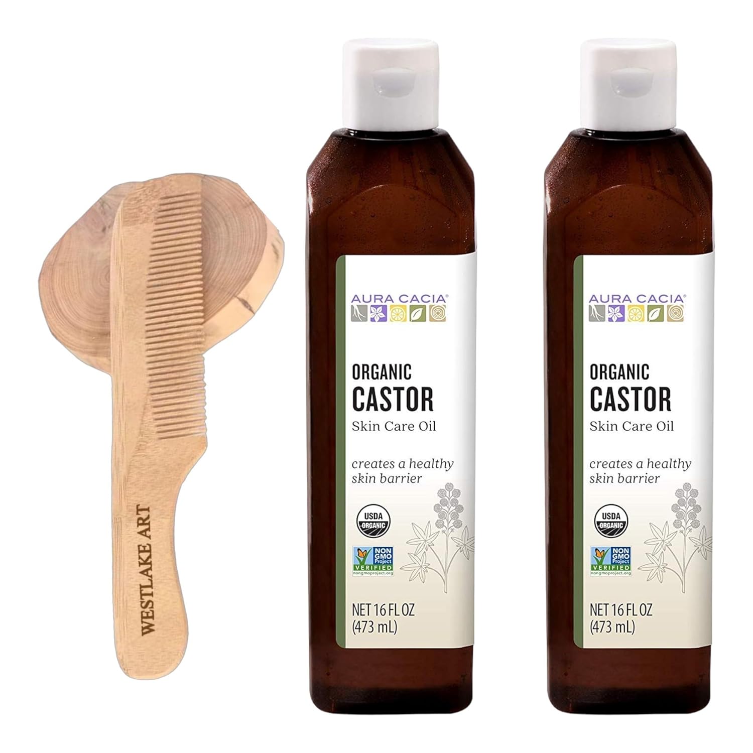 Castor Oil Organic, 16 fl oz – Castor Oil Cold-Pressed for Skin Conditioning & Growth | Bundled with Westlake Art Wooden Comb, Multipurpose Beauty Essential, Pure & Natural Castor Oil