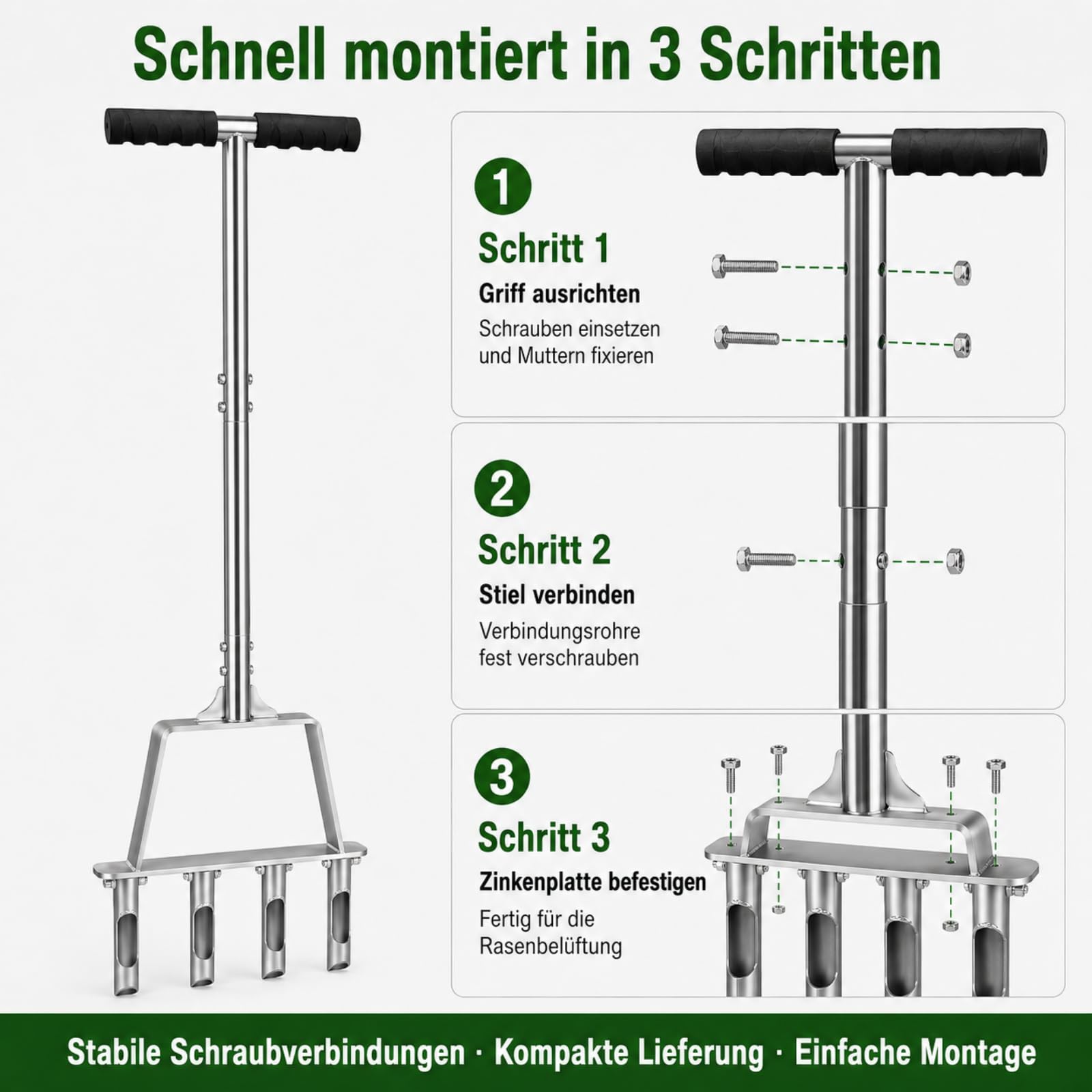 Rasenlüfter aus Edelstahl, 4 Zinken Hohlzinken, Manueller Rasenbelüfter & Aerifizierer für Verdichteten Boden, Lehmboden & Sandboden, Verstopfungsfrei für Hobbygärtner & Rasenpflege