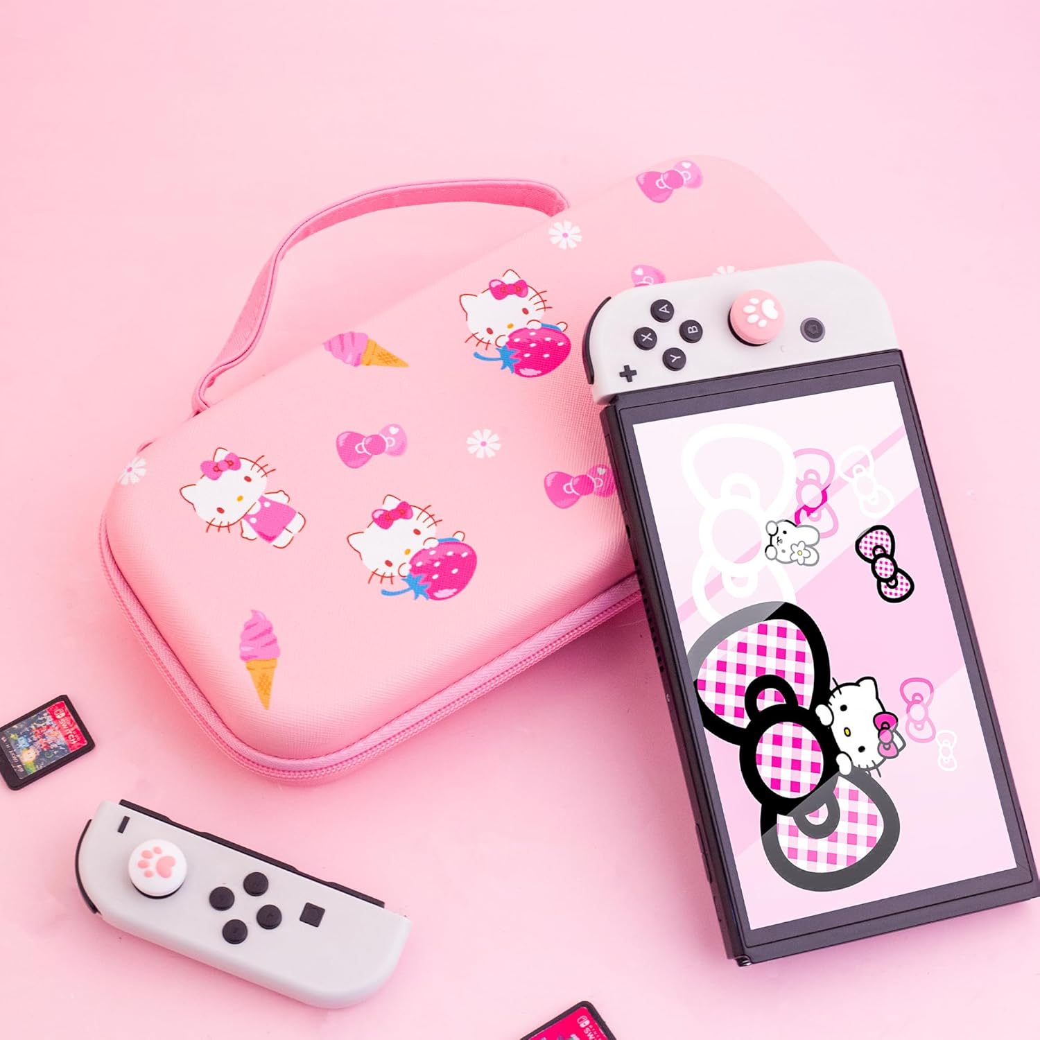 HYPERCASE Pink Travel Carrying Case for Nintendo Switch or OLED, Cute Portable Switch Carry Bag of Cartoon Cat with 10 Card Slots & 2 Thump Caps, for NS/OLED Console, Controller, Accessories Storage - Image 7