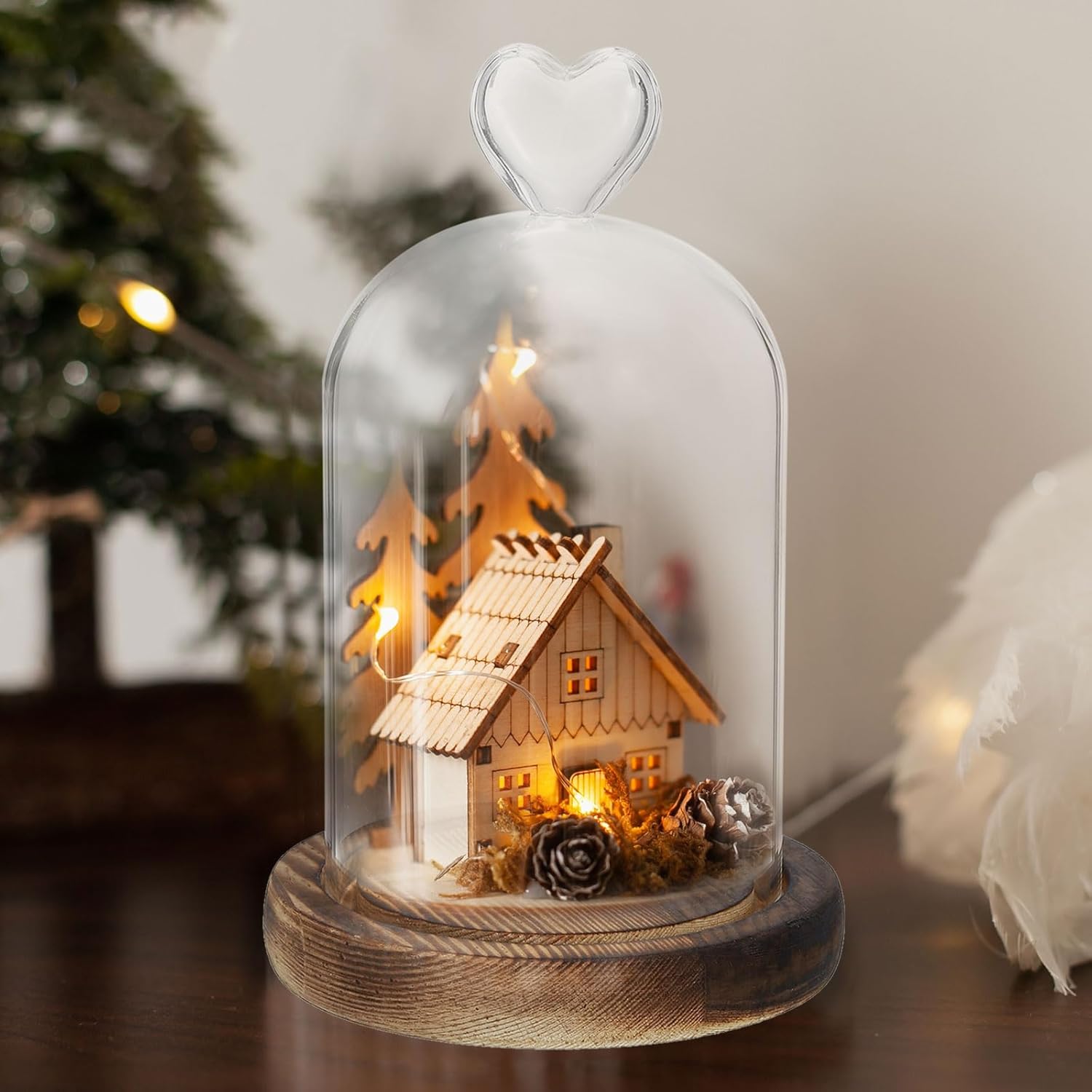 PATIKIL 9.1"x3.5" Glass Dome Cloche, Clear Glass Bell Jar Display Case Tabletop Centerpiece with Wooden Base for LED Light Christmas Home Decor