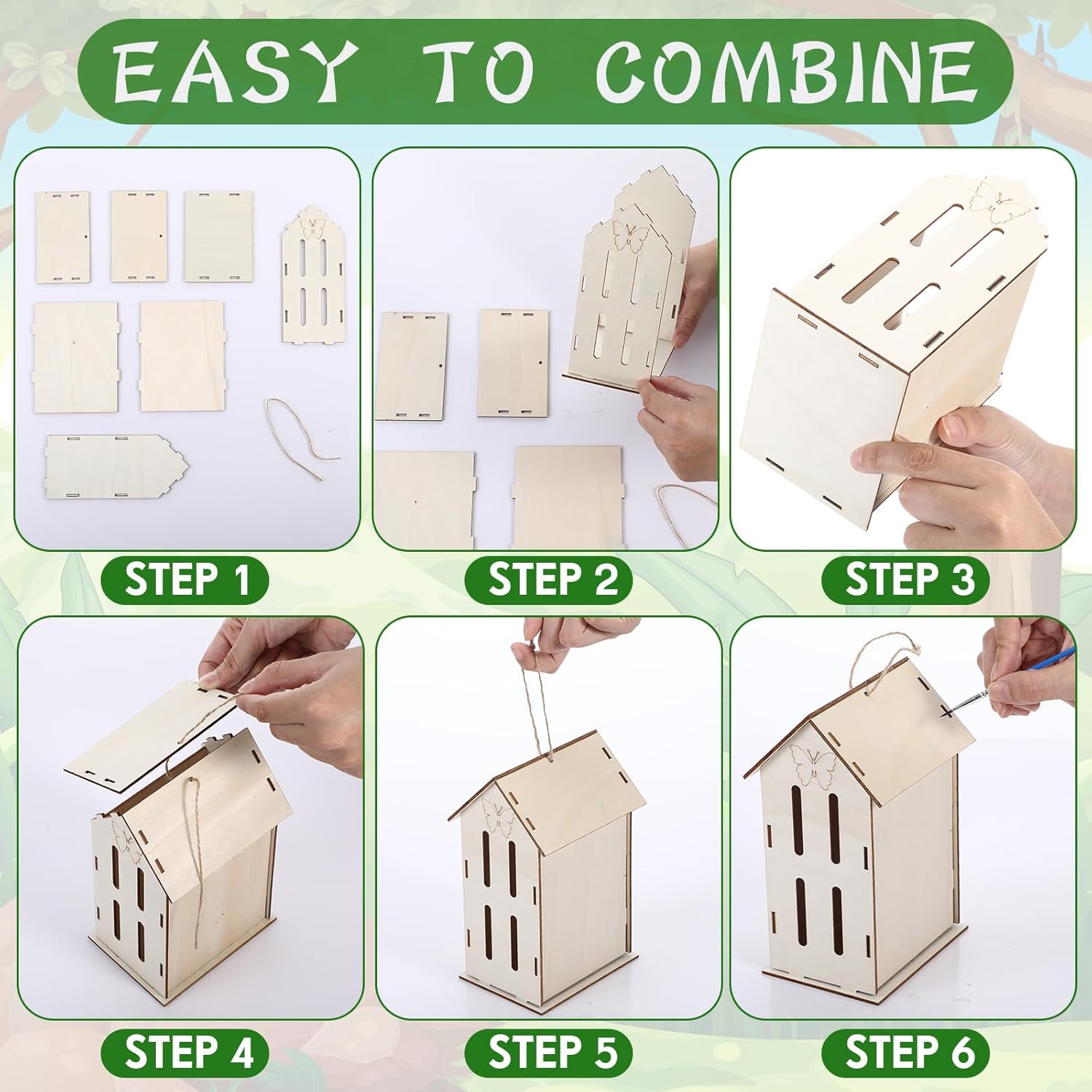 DoubleFill 24 Pack Wood Butterfly House Painting Crafts Kits My First Butterfly House DIY Art Craft Kit with Hemp Rope DIY Cedar Wooden Birdhouse for Building Bee Ladybug Habitat, No Paint