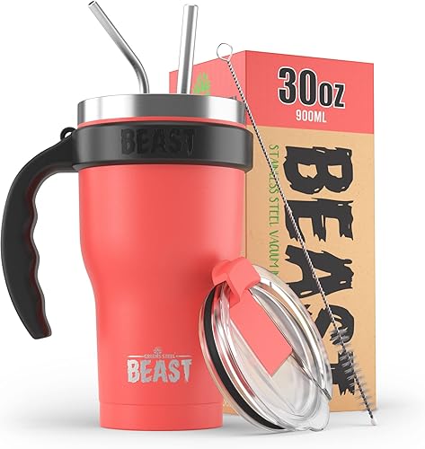 BEAST - Juego de vasos de coral de 30 onzas con asa, taza de café de acero inoxidable + 2 cepillos para pajillas, caja de regalo y mango negro
