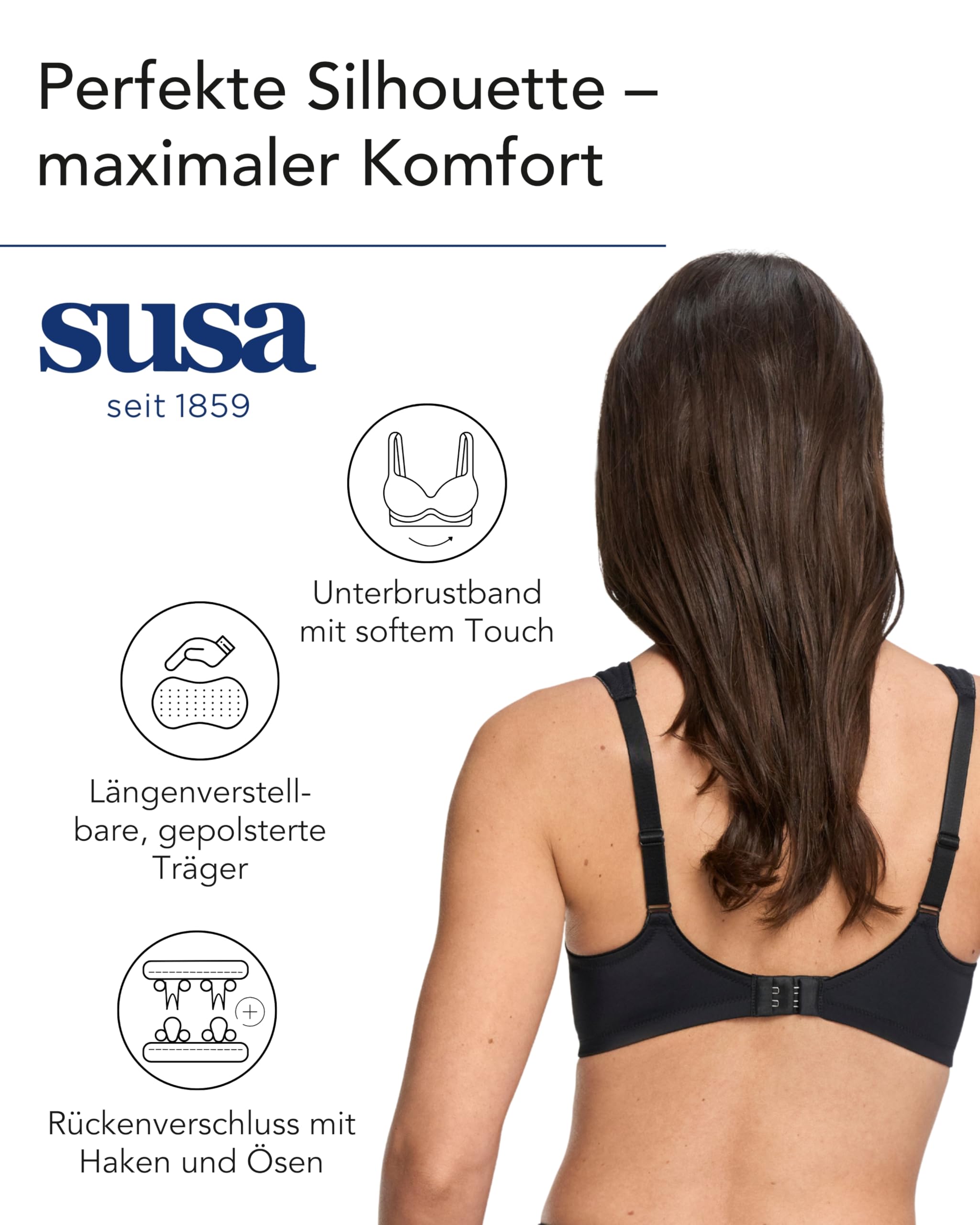 SUSA BH Damen ohne Bügel mit Soft-Touch-Unterbrustband - Capri 8107 - Gemoldete Cups mit Stützblenden & verstellbaren Träger - Glattes, leichtes Material - Bequemer T Shirt BH,